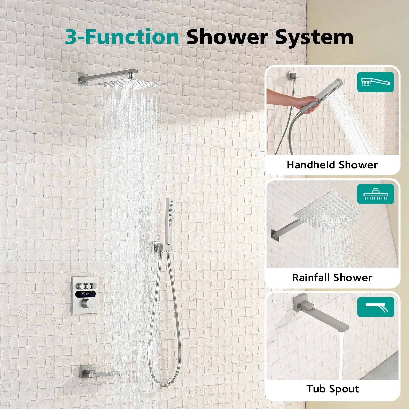 Lefton Concealed Rainfall Thermostatic Shower System with Handheld & Tub Spout and Temperature Display - SSWM2502 - Shower Systems - Lefton Home