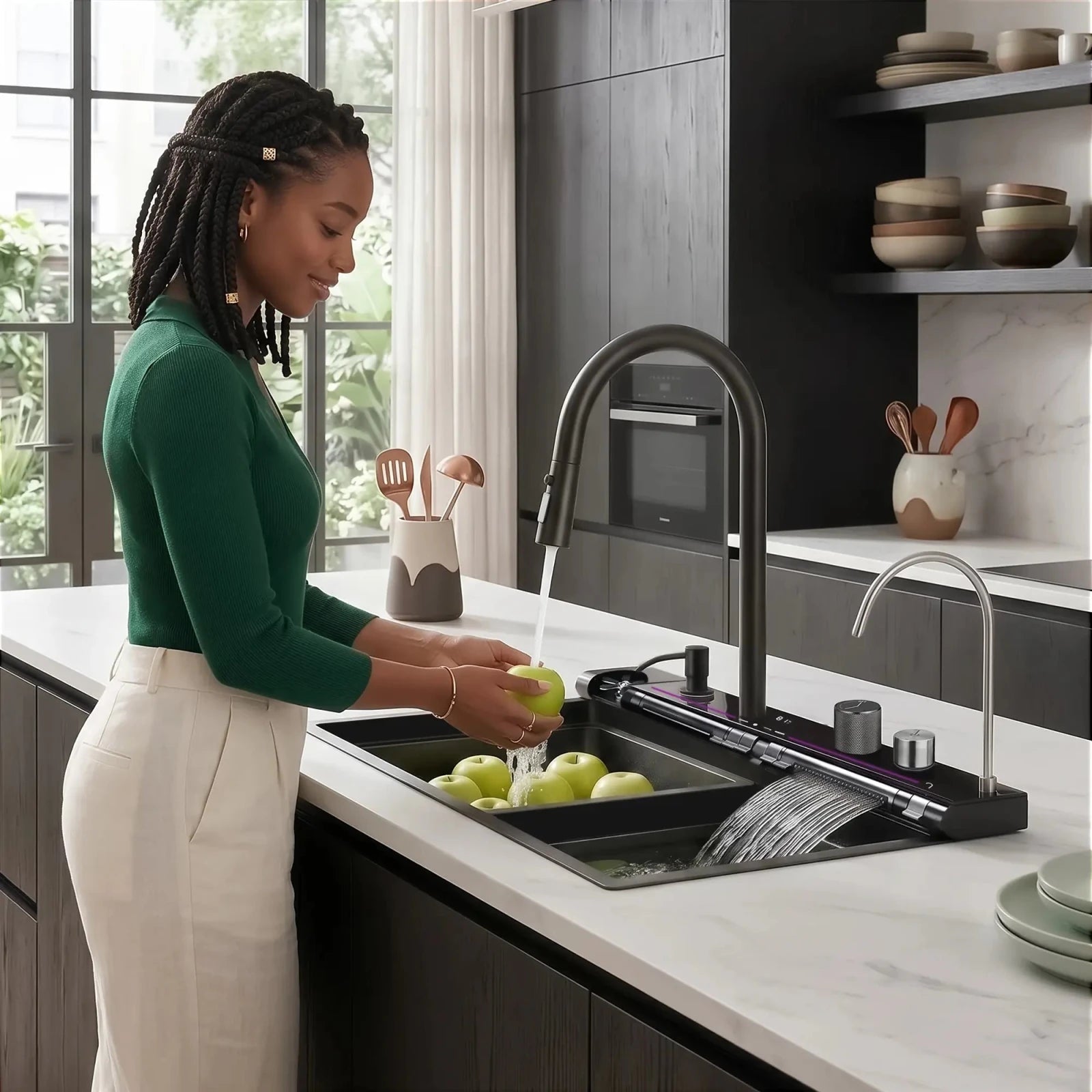 Lefton Drop - In Adjustable Waterfall Faucet Kitchen Sink with Digital Temperature Display & LED Lighting - KS2207 - Kitchen Sinks - Lefton Home