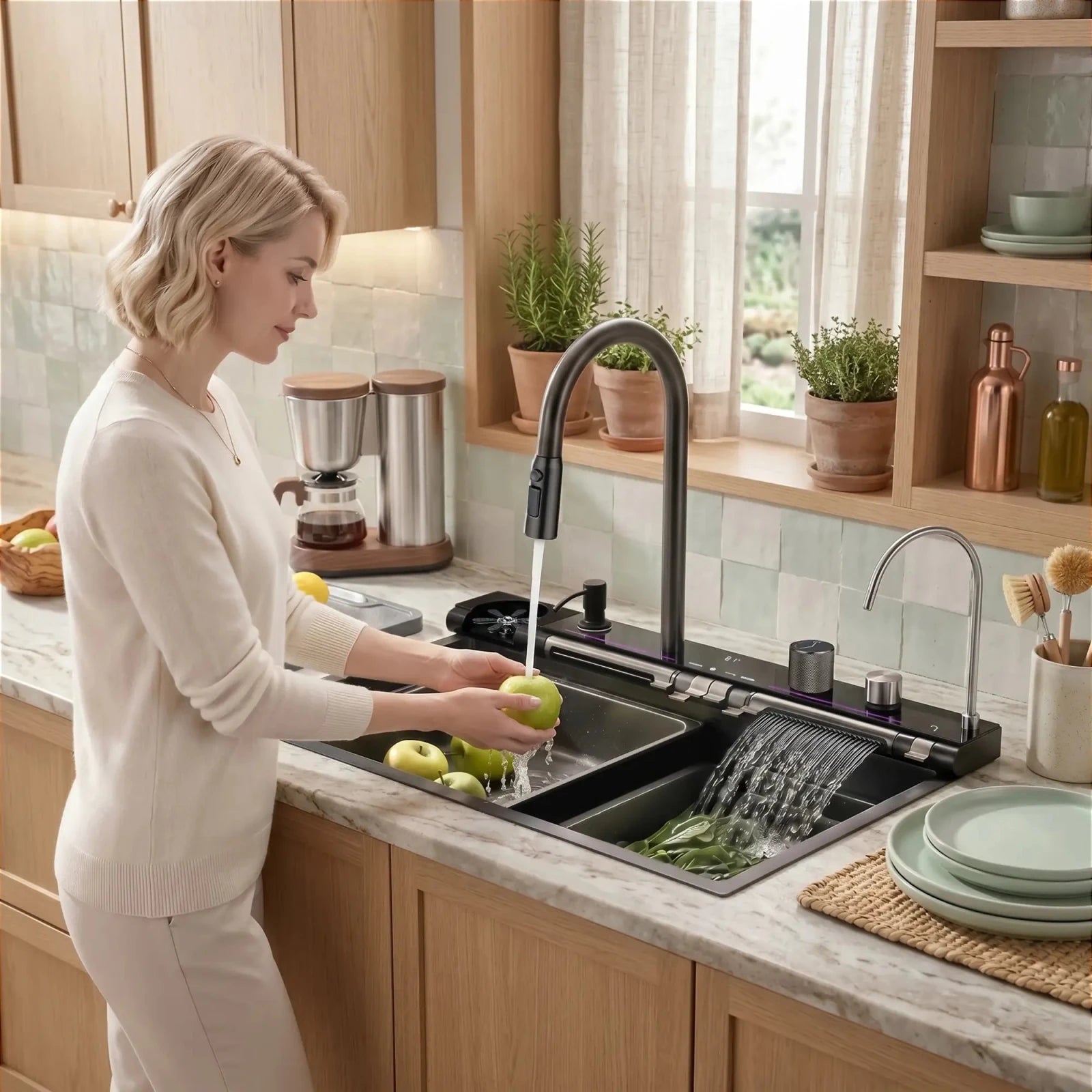 Lefton Drop - In Adjustable Waterfall Faucet Kitchen Sink with Digital Temperature Display & LED Lighting - KS2207 - Kitchen Sinks - Lefton Home