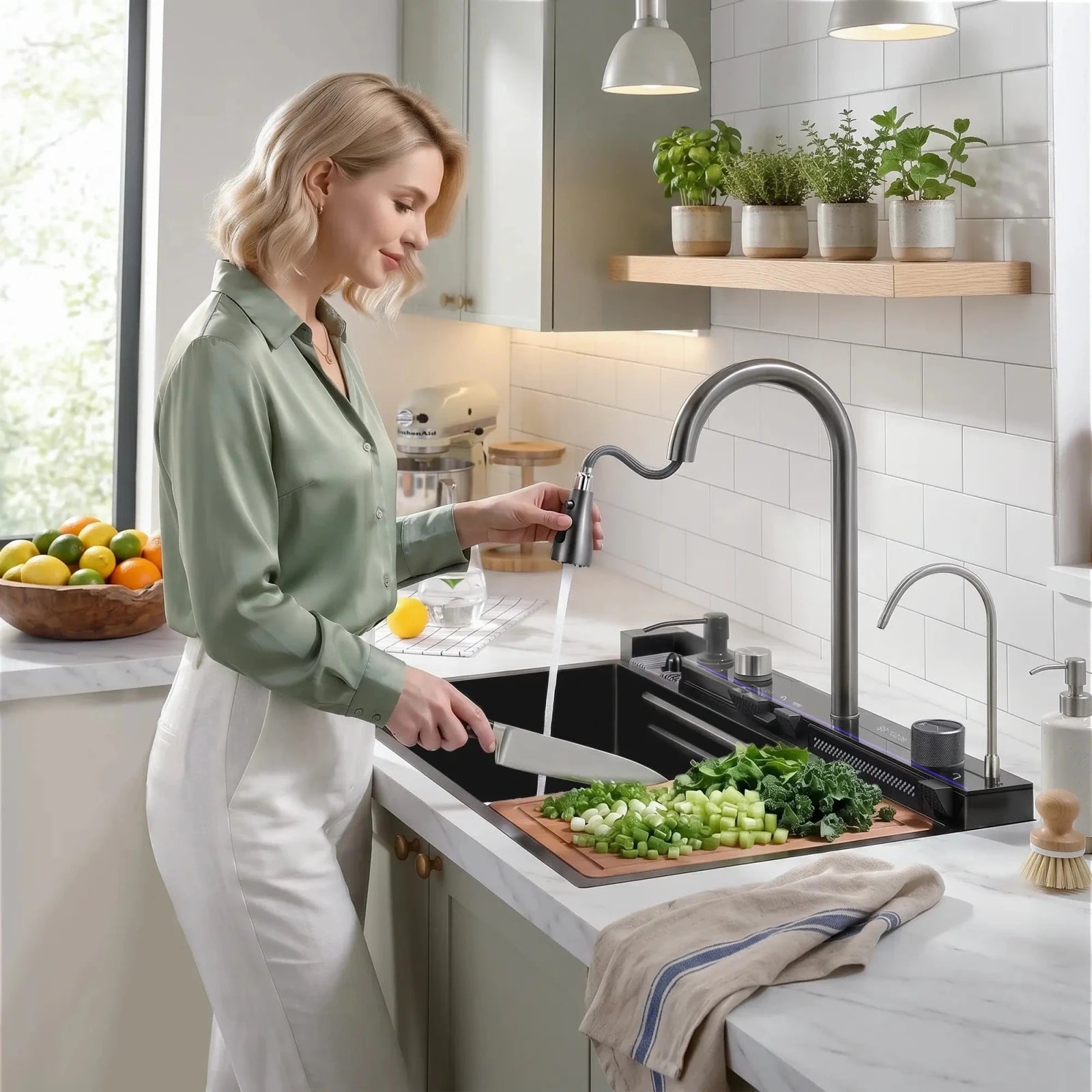 Lefton Drop - In Two Waterfall Faucets Kitchen Sink with Digital Temperature Display & LED Lighting - KS2206 - Kitchen Sinks - Lefton Home