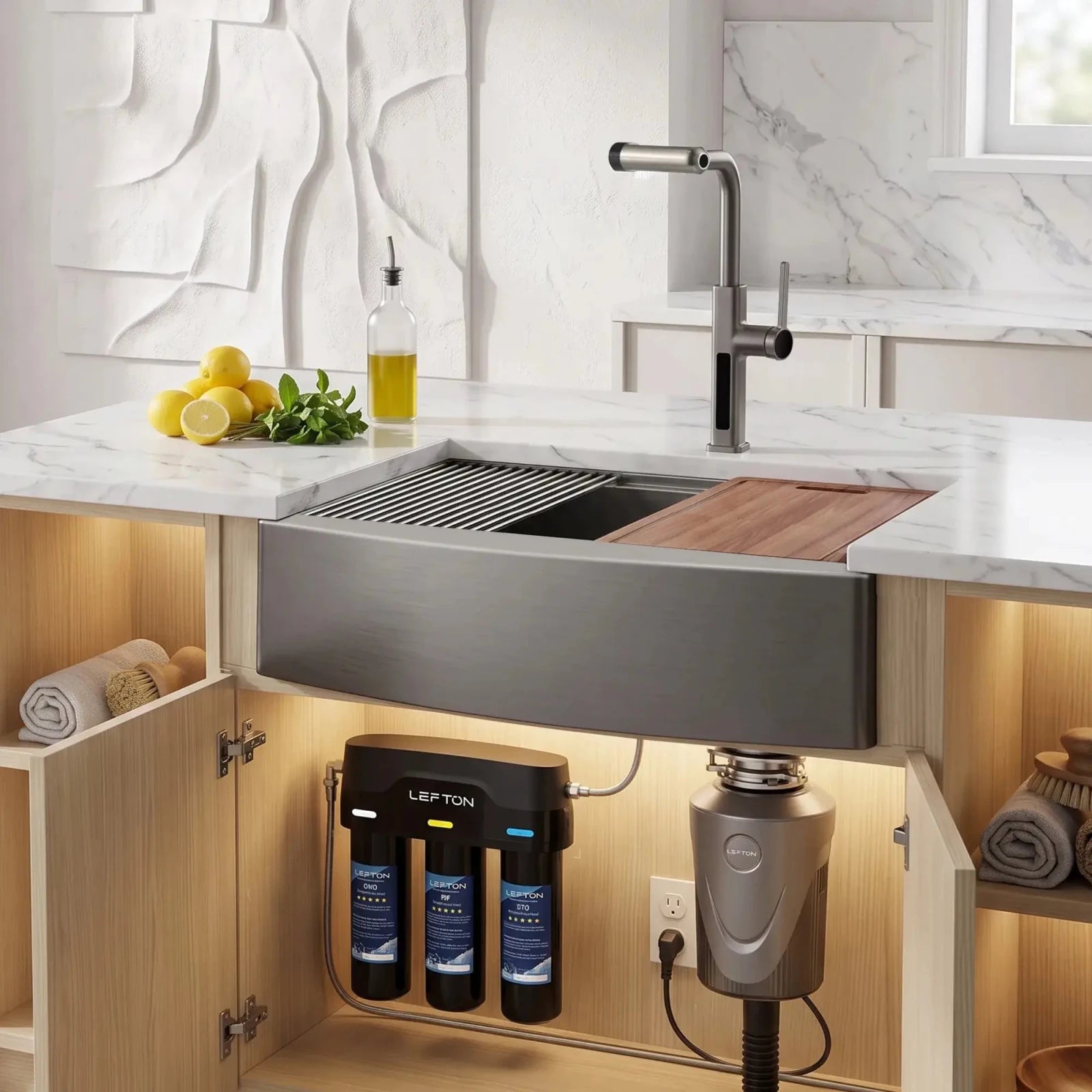 Lefton Farmhouse Sink-FS2501 & Kitchen Faucet-KF2209-PRO & 1 HP Garbage Disposal-LGD-1010 & Water Filtration-WF01 -Kitchen Bundles- Lefton Home