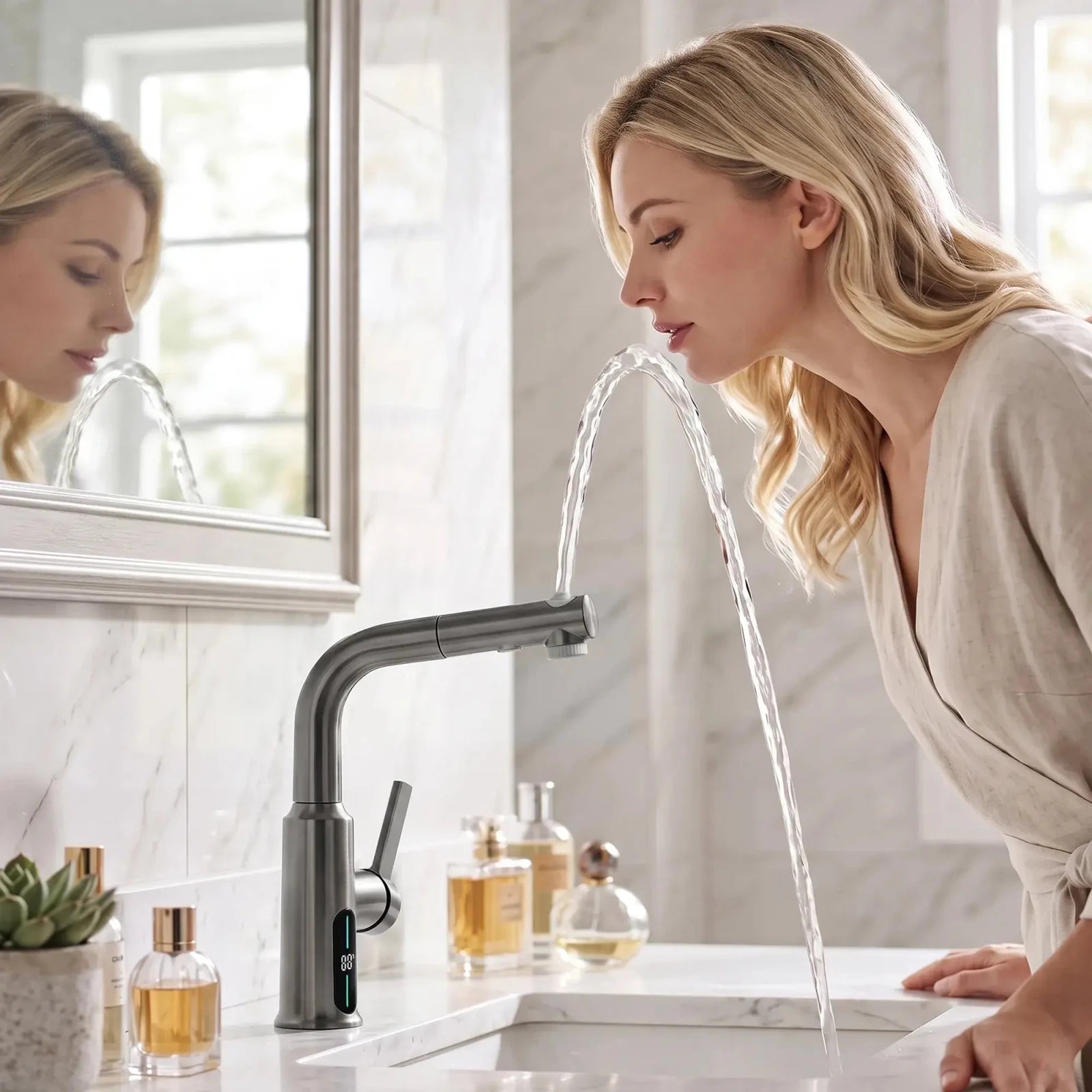 Lefton Liftable Pull-Out Bathroom Faucet With Temperature Display-BF2501 -Bathroom Faucets- Lefton Home