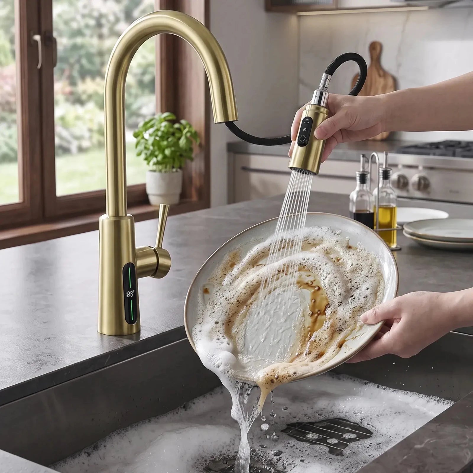 Lefton Modern Pull-Down Kitchen Faucet with Temperature Display-KF2501 -Kitchen Faucets- Lefton Home