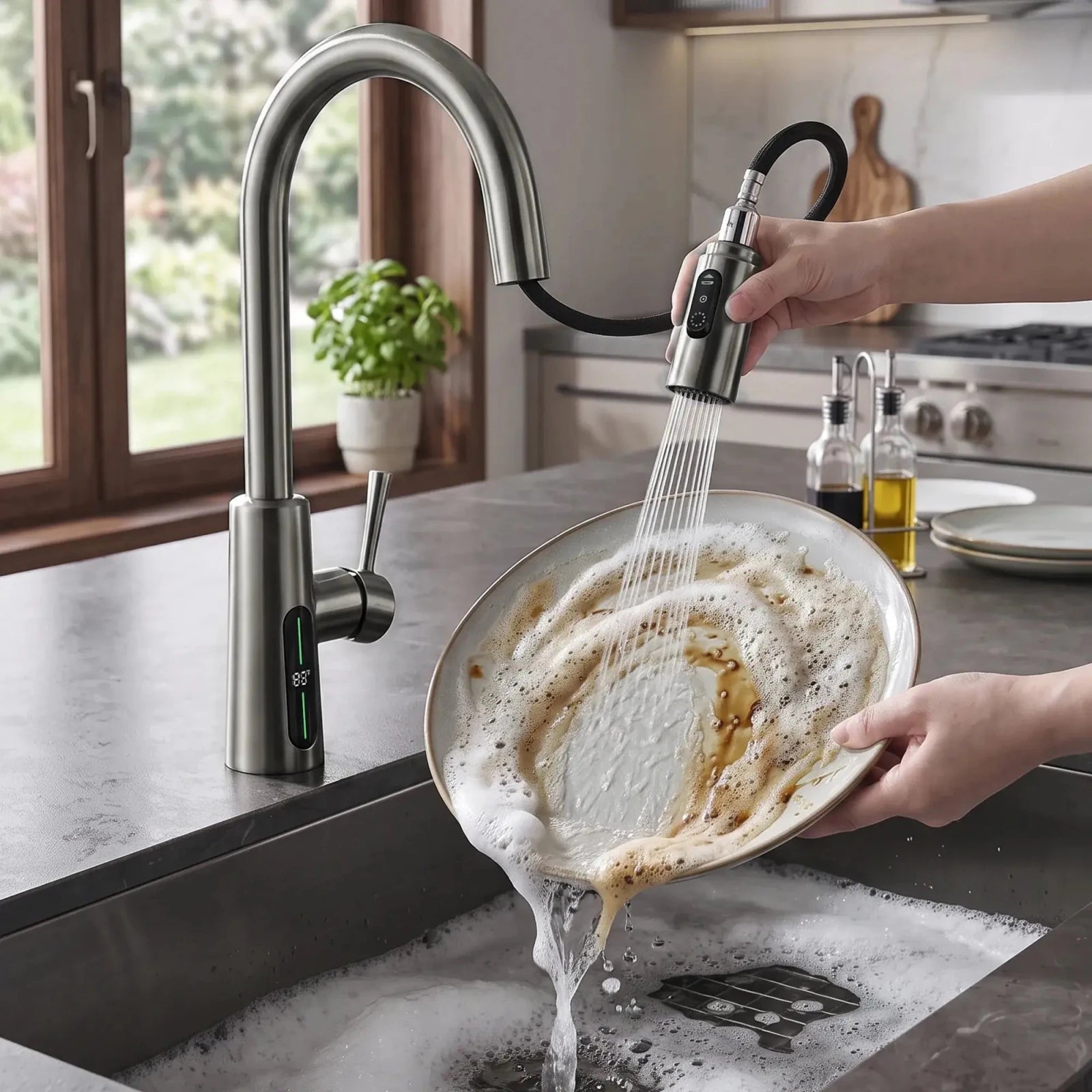 Lefton Modern Pull-Down Kitchen Faucet with Temperature Display-KF2501 -Kitchen Faucets- Lefton Home