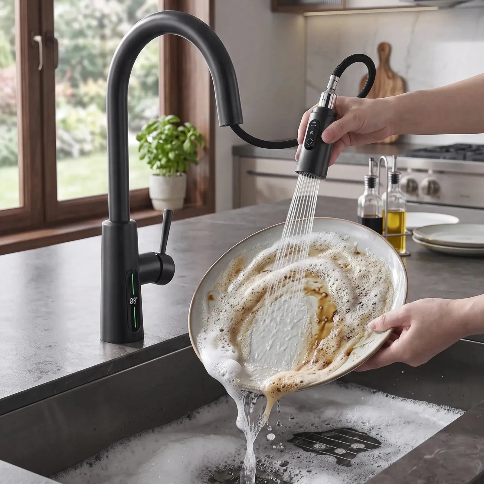 Lefton Modern Pull-Down Kitchen Faucet with Temperature Display-KF2501 -Kitchen Faucets- Lefton Home