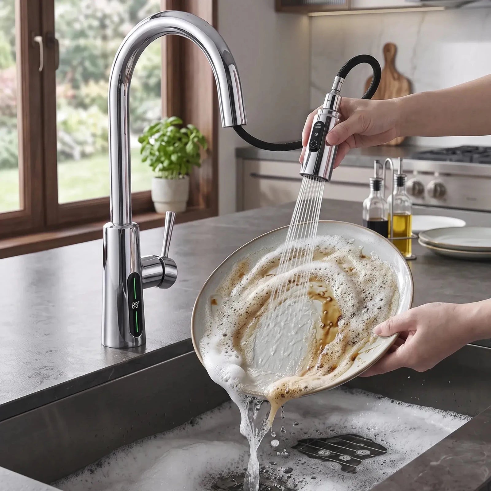 Lefton Modern Pull-Down Kitchen Faucet with Temperature Display-KF2501 -Kitchen Faucets- Lefton Home