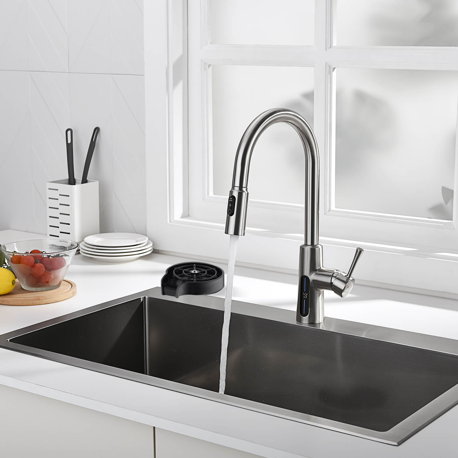 Lefton Modern Pull - Down Kitchen Faucet with Temperature Display - KF2501 with Countertop Glass Rinser - KFR2201 - Kitchen Faucets - Lefton Home