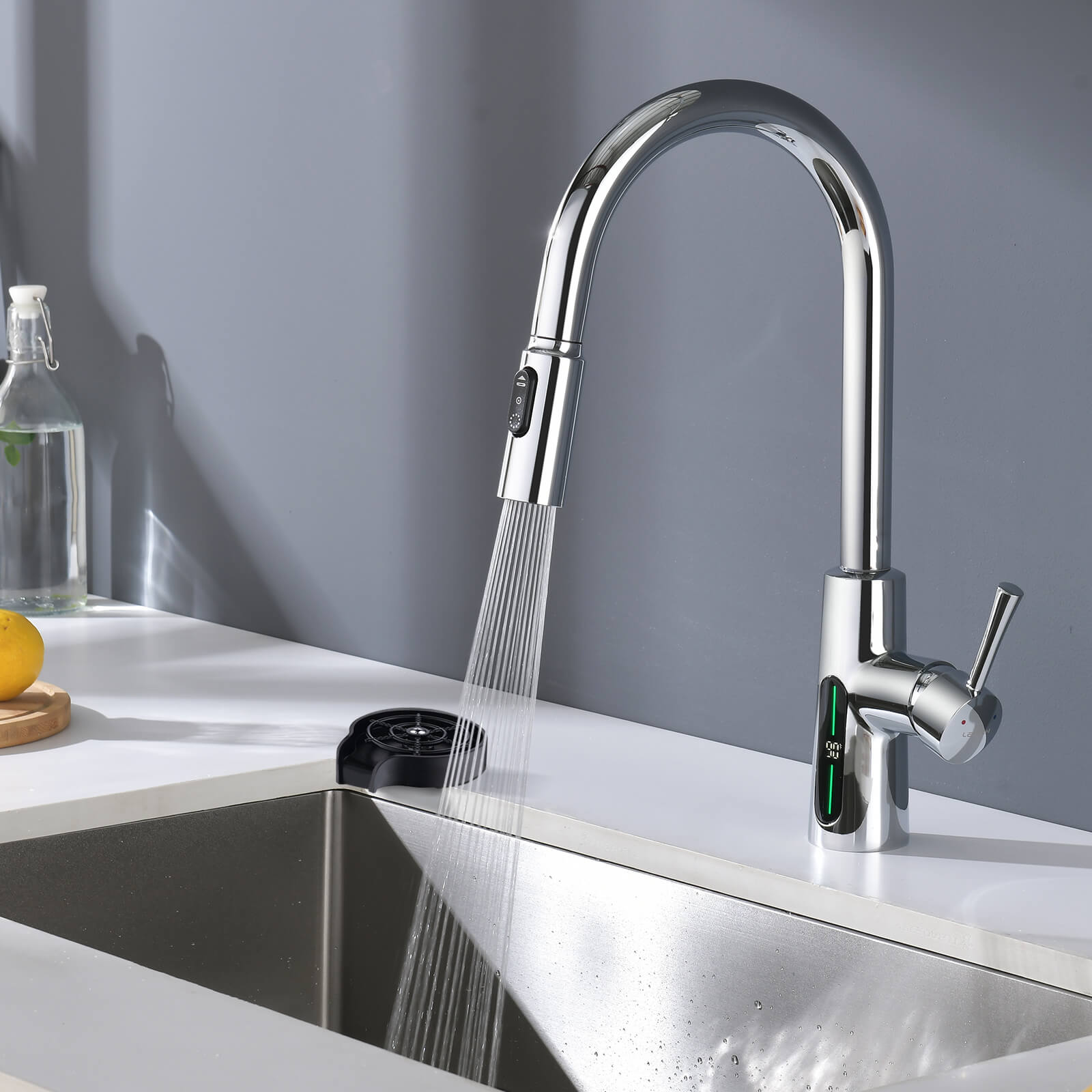 Lefton Modern Pull - Down Kitchen Faucet with Temperature Display - KF2501 with Countertop Glass Rinser - KFR2201 - Kitchen Faucets - Lefton Home