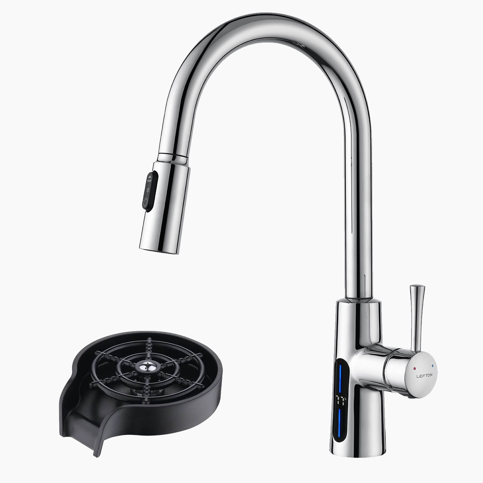 Lefton Modern Pull - Down Kitchen Faucet with Temperature Display - KF2501 with Countertop Glass Rinser - KFR2201 - Kitchen Faucets - Lefton Home