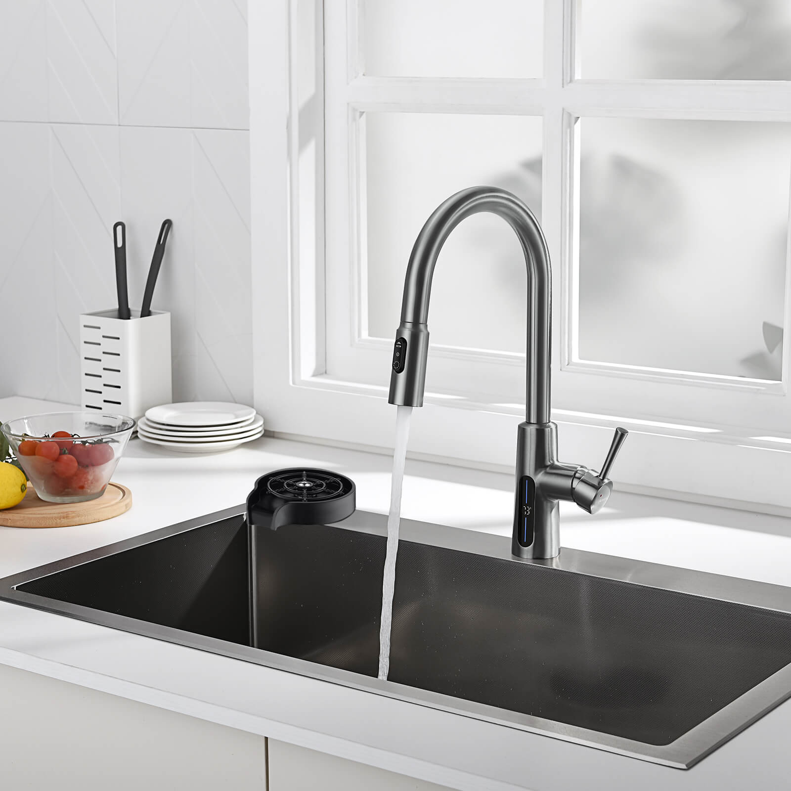 Lefton Modern Pull - Down Kitchen Faucet with Temperature Display - KF2501 with Countertop Glass Rinser - KFR2201 - Kitchen Faucets - Lefton Home