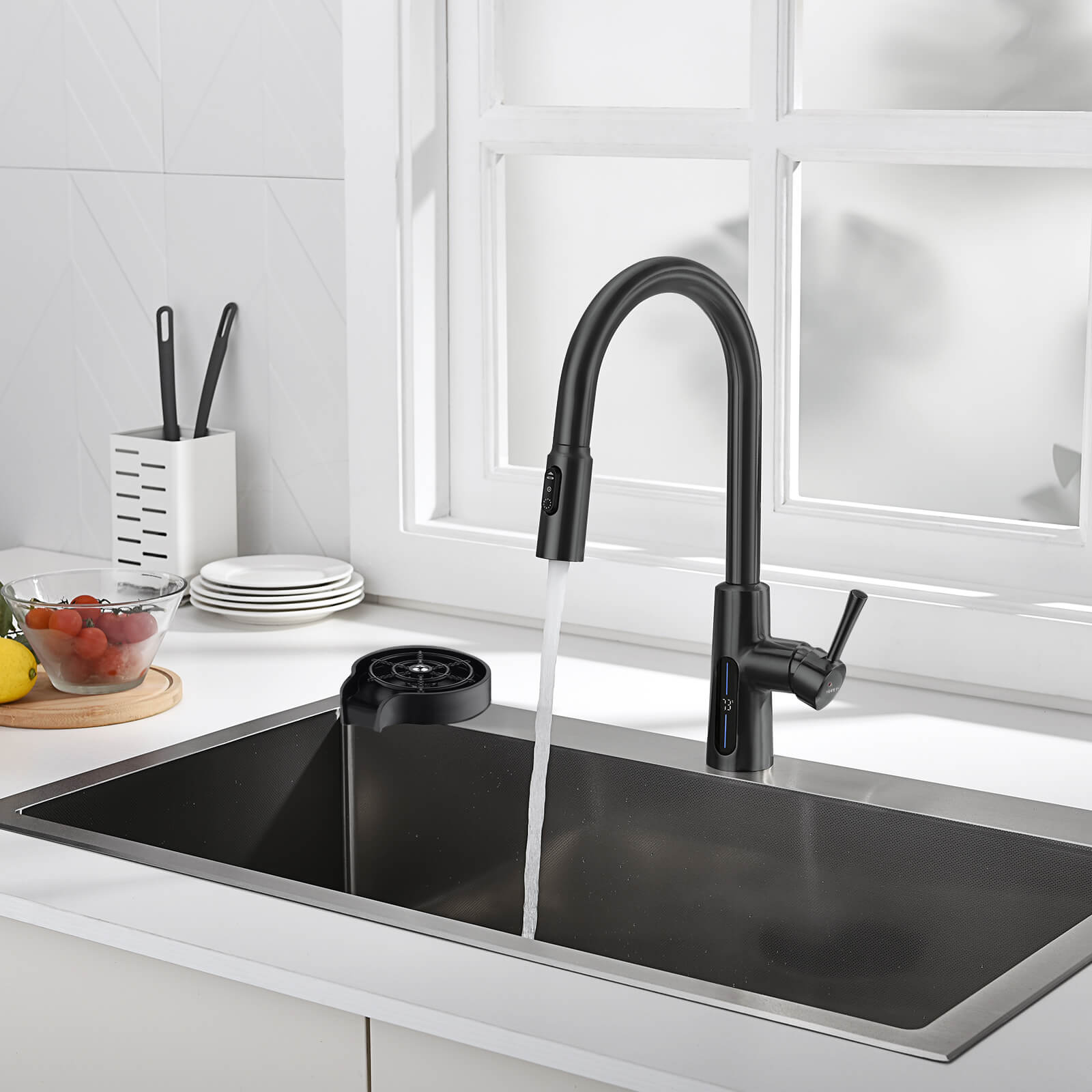Lefton Modern Pull - Down Kitchen Faucet with Temperature Display - KF2501 with Countertop Glass Rinser - KFR2201 - Kitchen Faucets - Lefton Home
