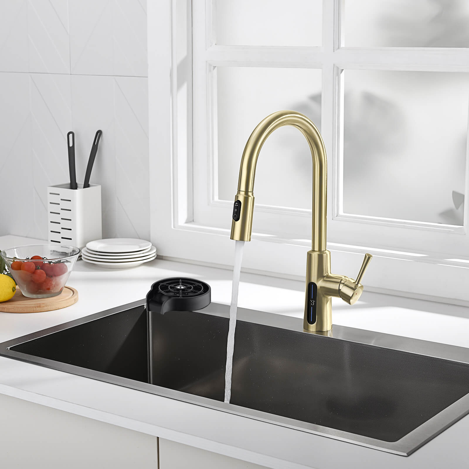 Lefton Modern Pull - Down Kitchen Faucet with Temperature Display - KF2501 with Countertop Glass Rinser - KFR2201 - Kitchen Faucets - Lefton Home