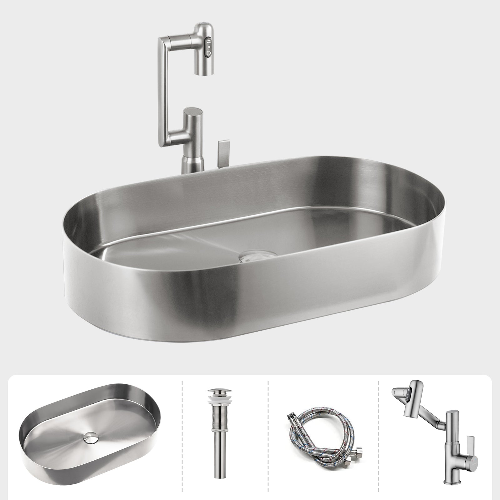 Lefton Modern Stainless Steel Oval Above Counter Bathroom Vessel Sink - BVS2403 with Single - Hole Rotatable Faucet - BF2204 - Bathroom Sinks and Bathroom Faucets - Lefton Home