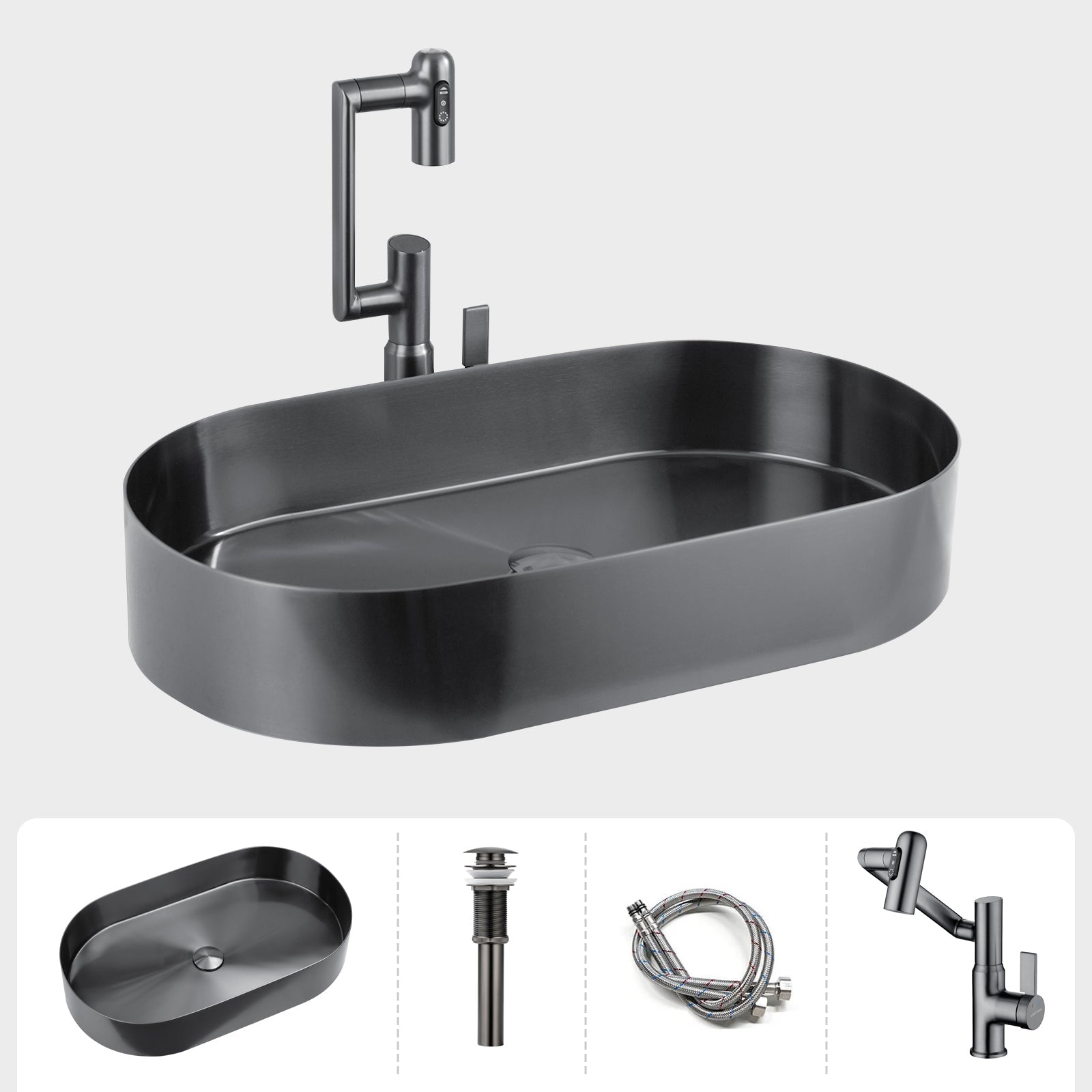 Lefton Modern Stainless Steel Oval Above Counter Bathroom Vessel Sink - BVS2403 with Single - Hole Rotatable Faucet - BF2204 - Bathroom Sinks and Bathroom Faucets - Lefton Home