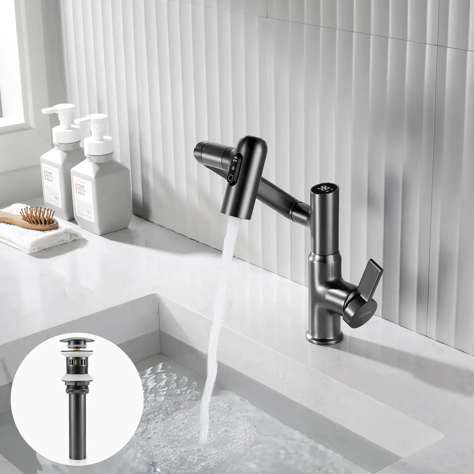 Lefton Rotatable Bathroom Faucet-BF2204 with Sink Drain Stopper -Bathroom Faucets & Drain Stopper- Lefton Home