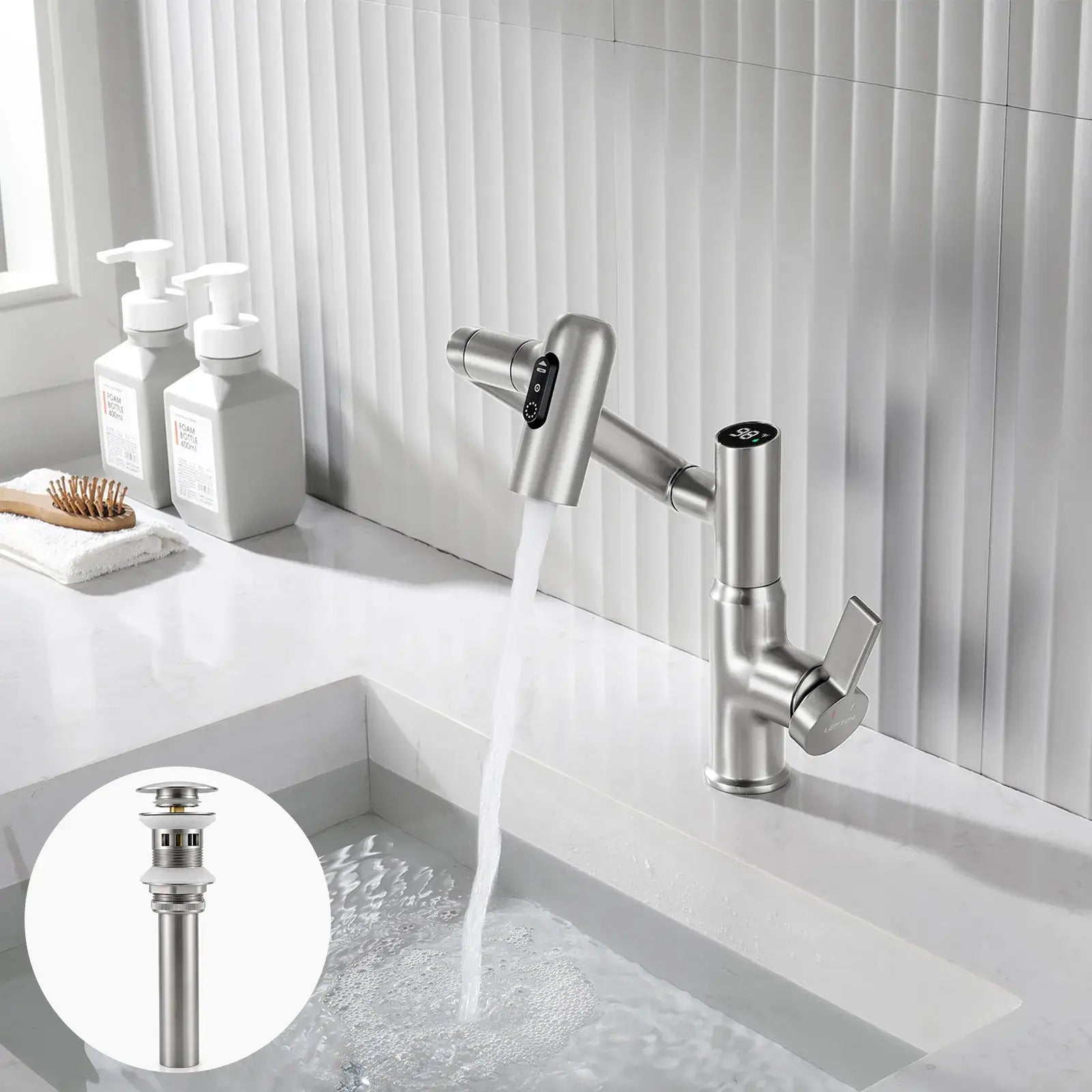 Lefton Rotatable Bathroom Faucet-BF2204 with Sink Drain Stopper -Bathroom Faucets & Drain Stopper- Lefton Home