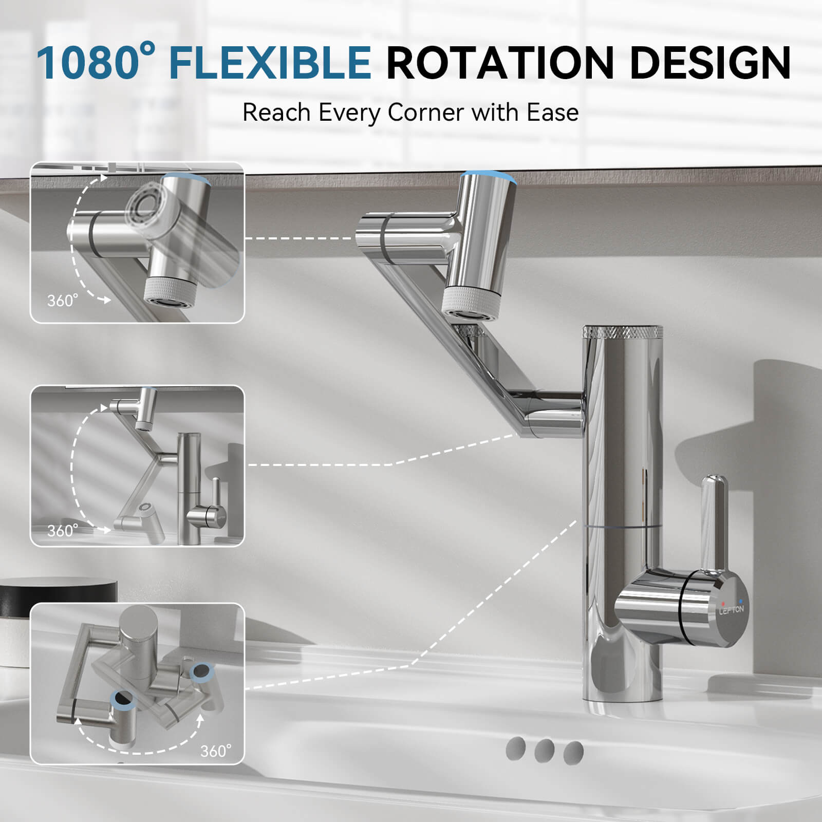Lefton Single - Hand 1080° Rotating Bathroom Built - in Filter Faucet With Temperature Display - BPF01 - Bathroom Faucets - Lefton Home