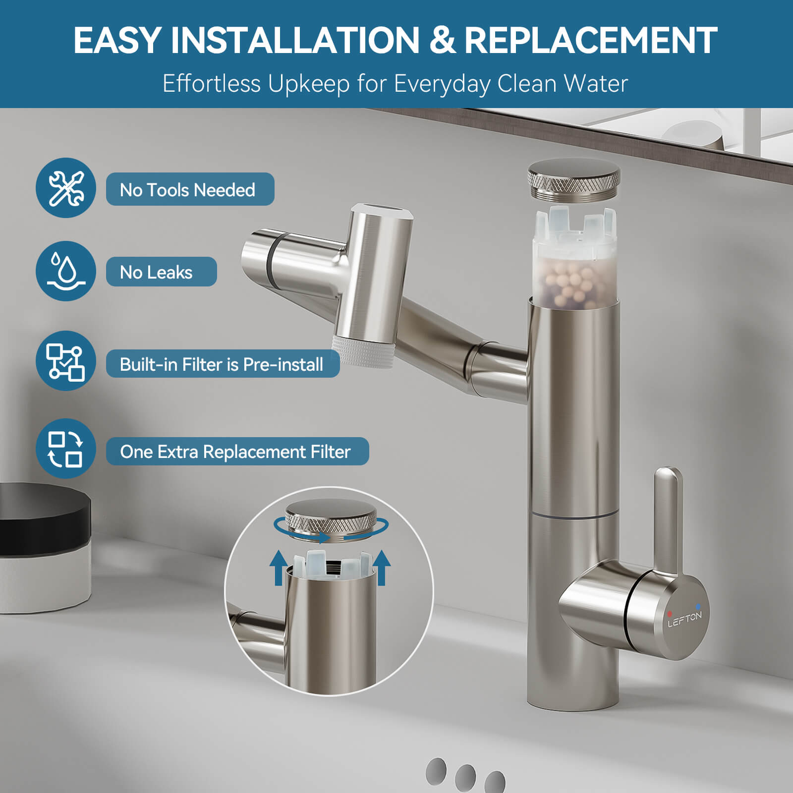 Lefton Single - Hand 1080° Rotating Bathroom Built - in Filter Faucet With Temperature Display - BPF01 - Bathroom Faucets - Lefton Home