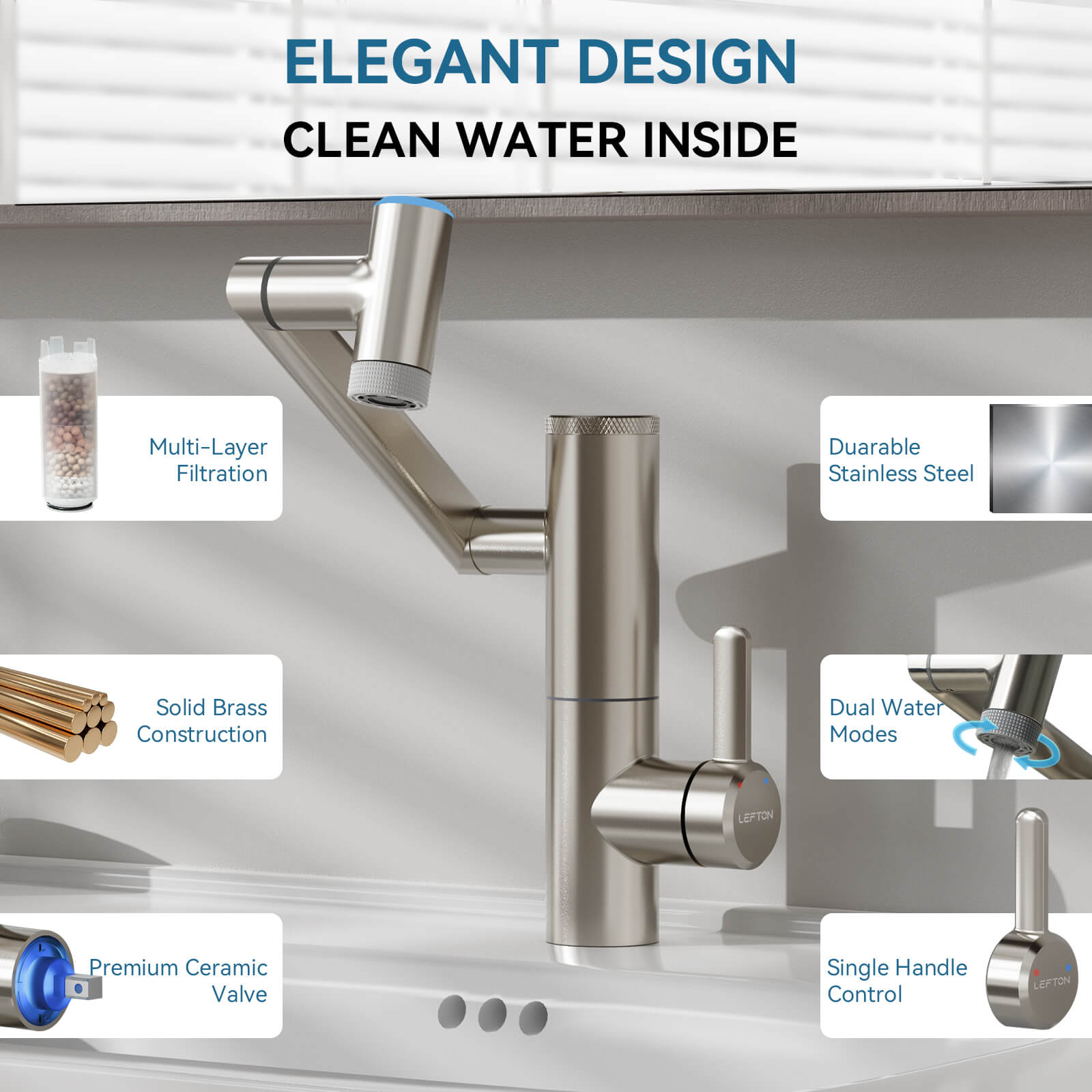 Lefton Single - Hand 1080° Rotating Bathroom Built - in Filter Faucet With Temperature Display - BPF01 - Bathroom Faucets - Lefton Home