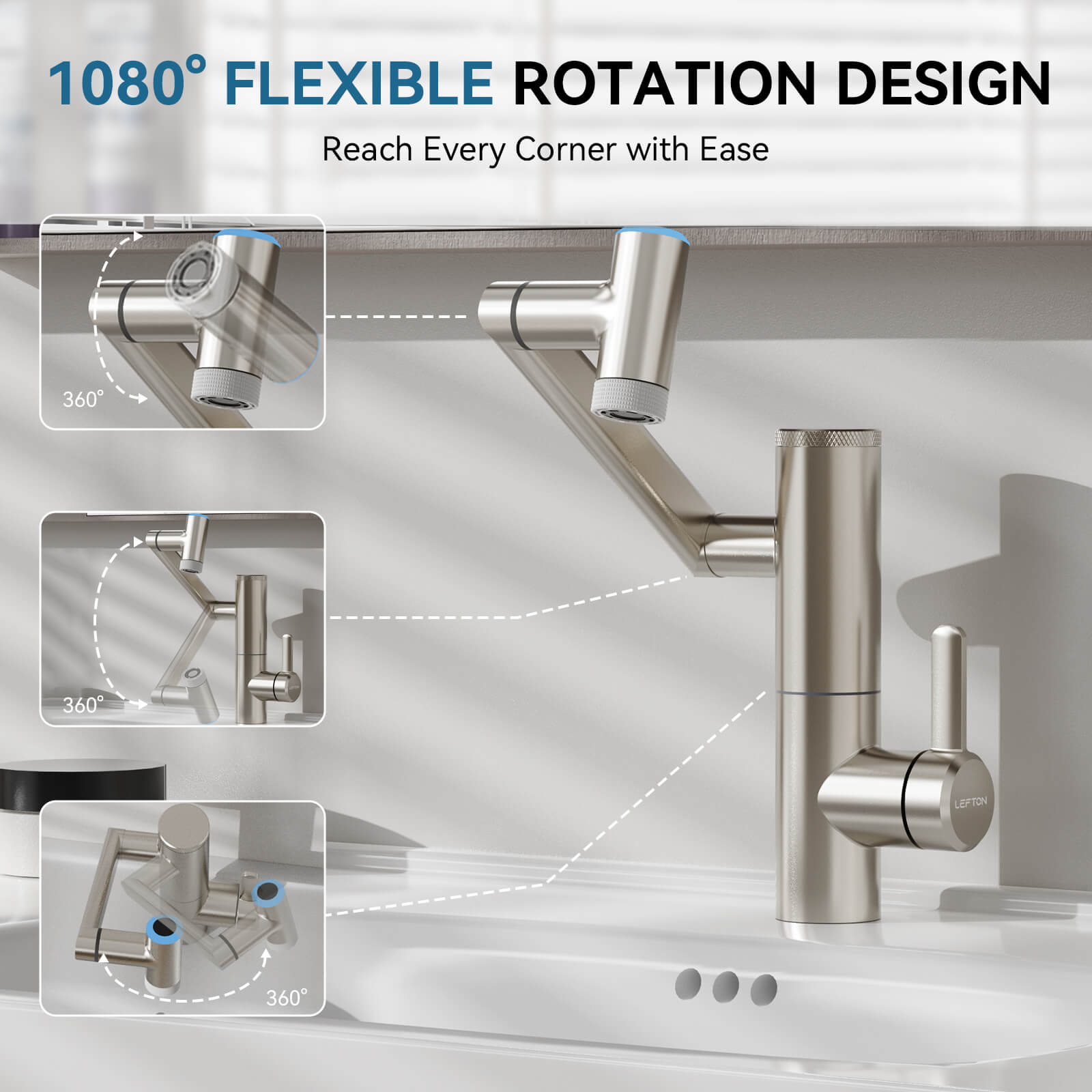 Lefton Single - Hand 1080° Rotating Bathroom Built - in Filter Faucet With Temperature Display - BPF01 - Bathroom Faucets - Lefton Home