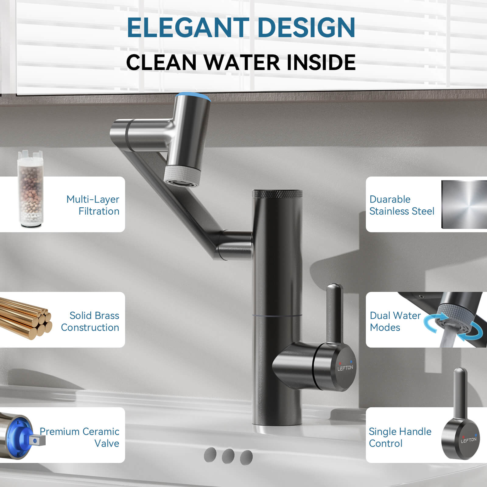 Lefton Single - Hand 1080° Rotating Bathroom Built - in Filter Faucet With Temperature Display - BPF01 - Bathroom Faucets - Lefton Home