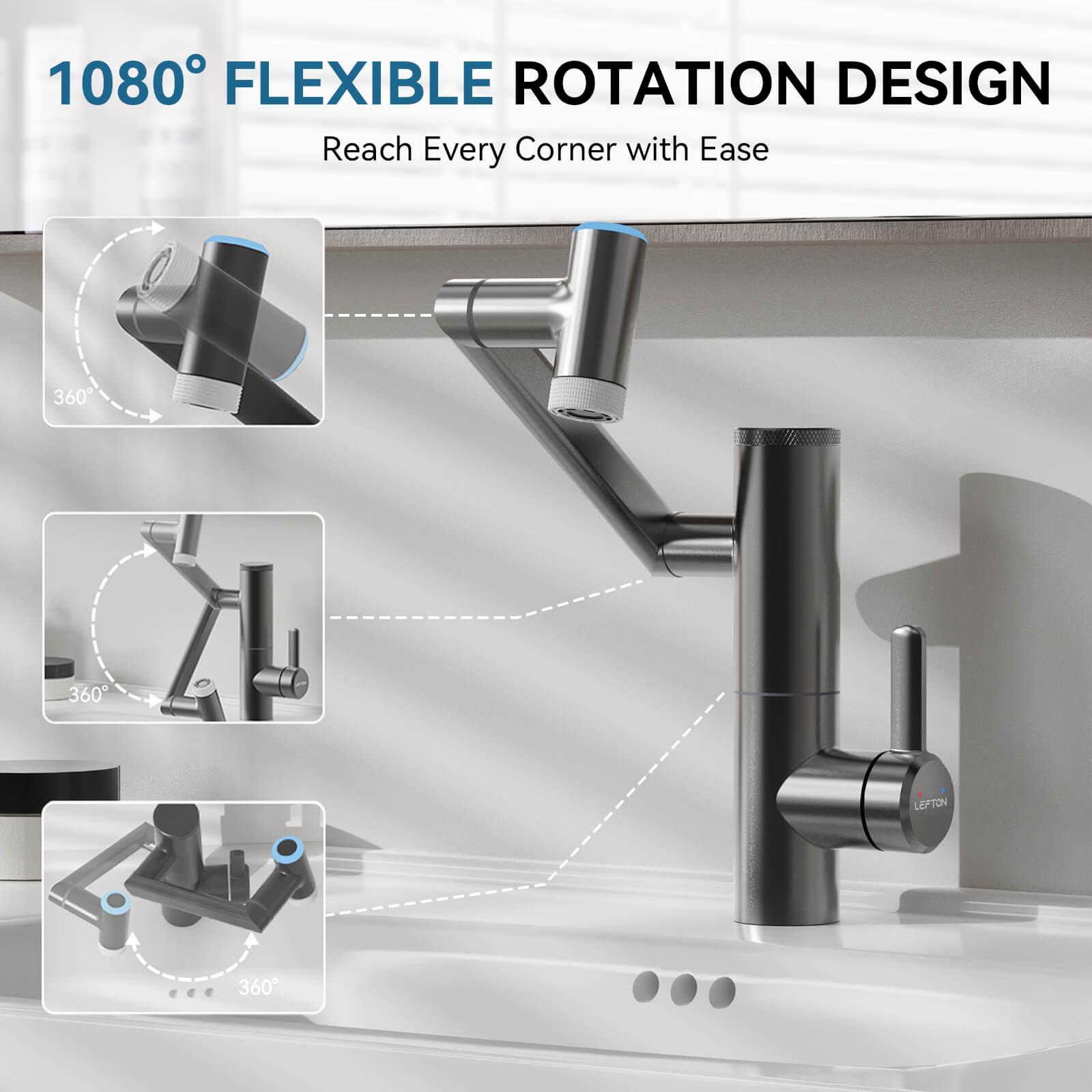 Lefton Single - Hand 1080° Rotating Bathroom Built - in Filter Faucet With Temperature Display - BPF01 - Bathroom Faucets - Lefton Home
