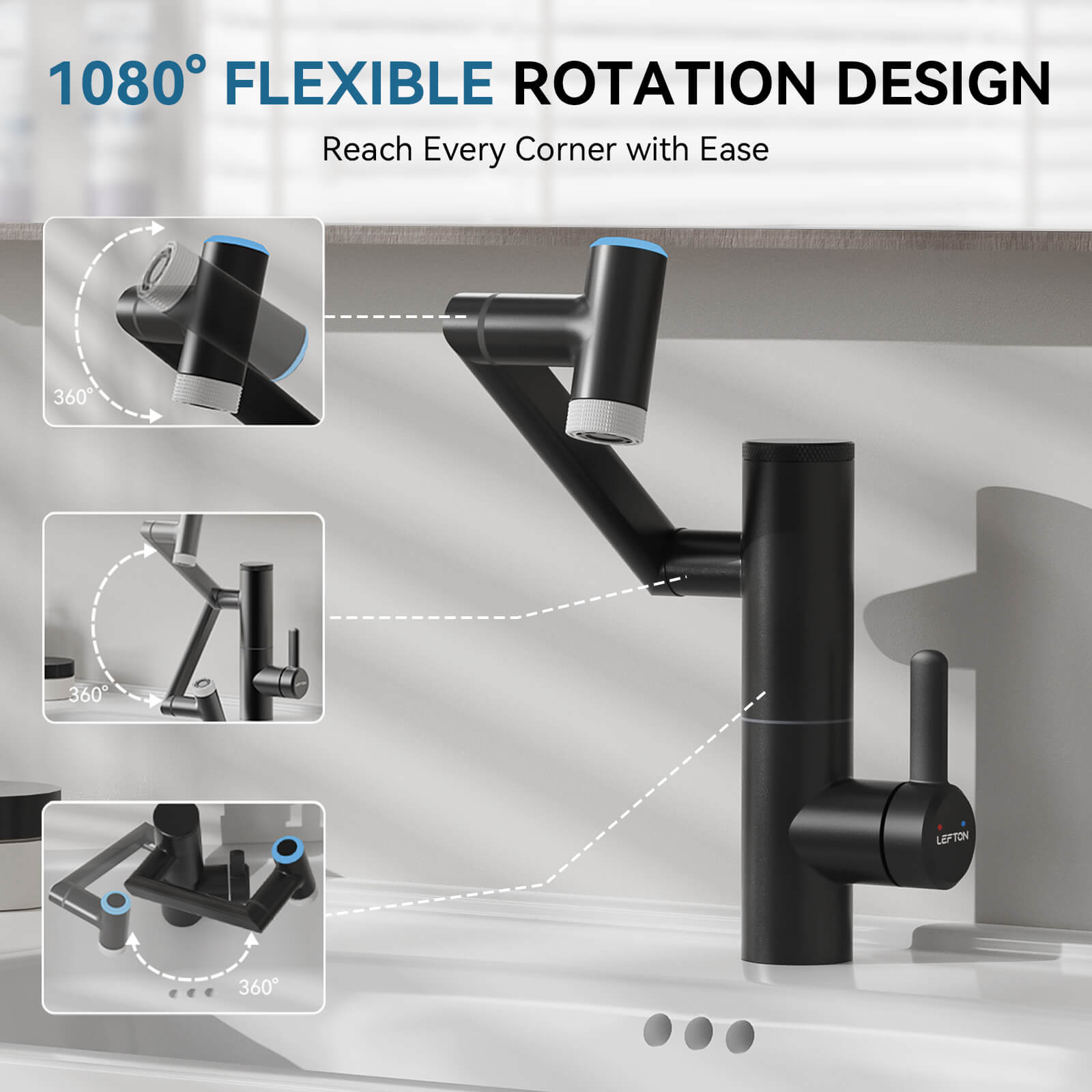 Lefton Single - Hand 1080° Rotating Bathroom Built - in Filter Faucet With Temperature Display - BPF01 - Bathroom Faucets - Lefton Home