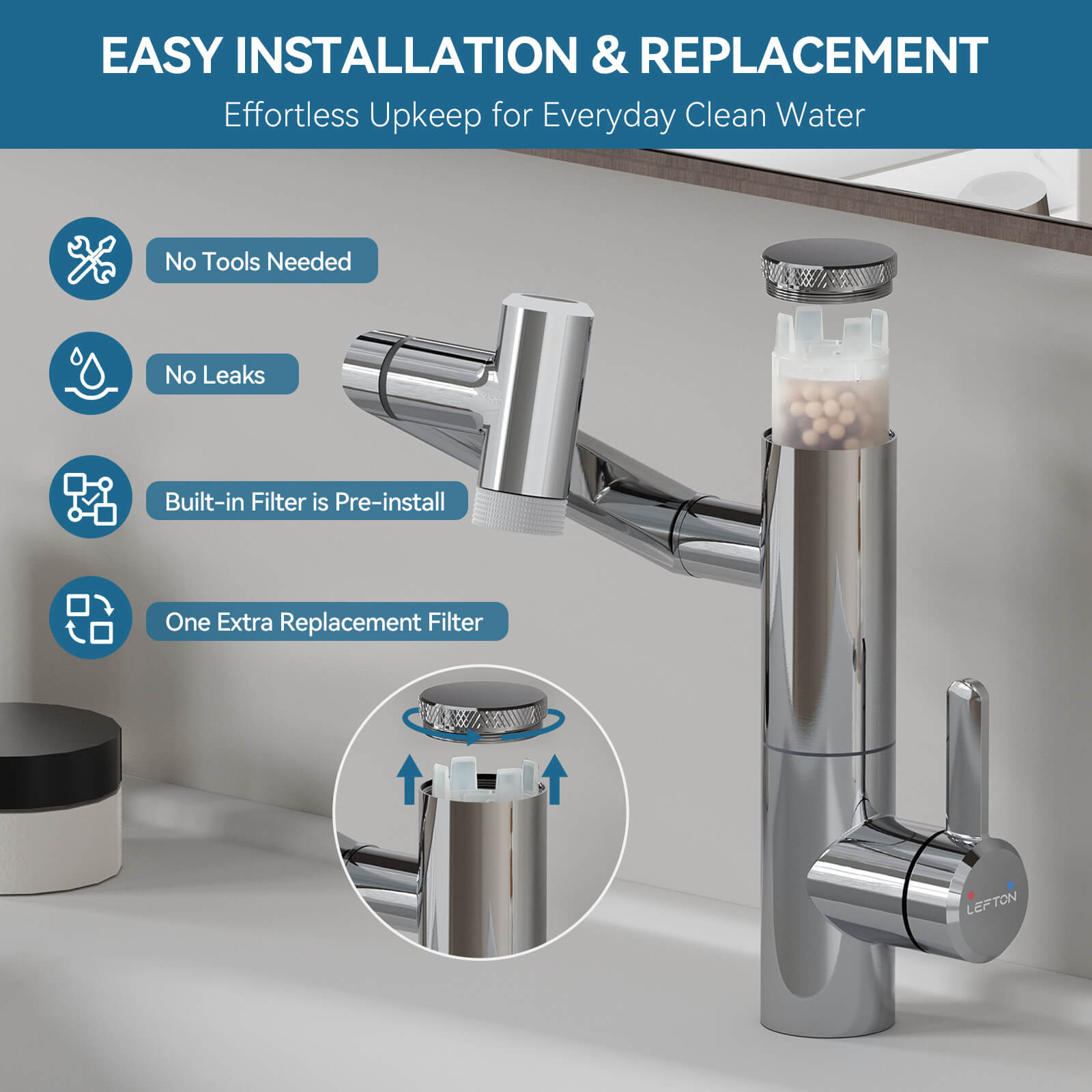 Lefton Single - Hand 1080° Rotating Bathroom Built - in Filter Faucet With Temperature Display - BPF01 - Bathroom Faucets - Lefton Home