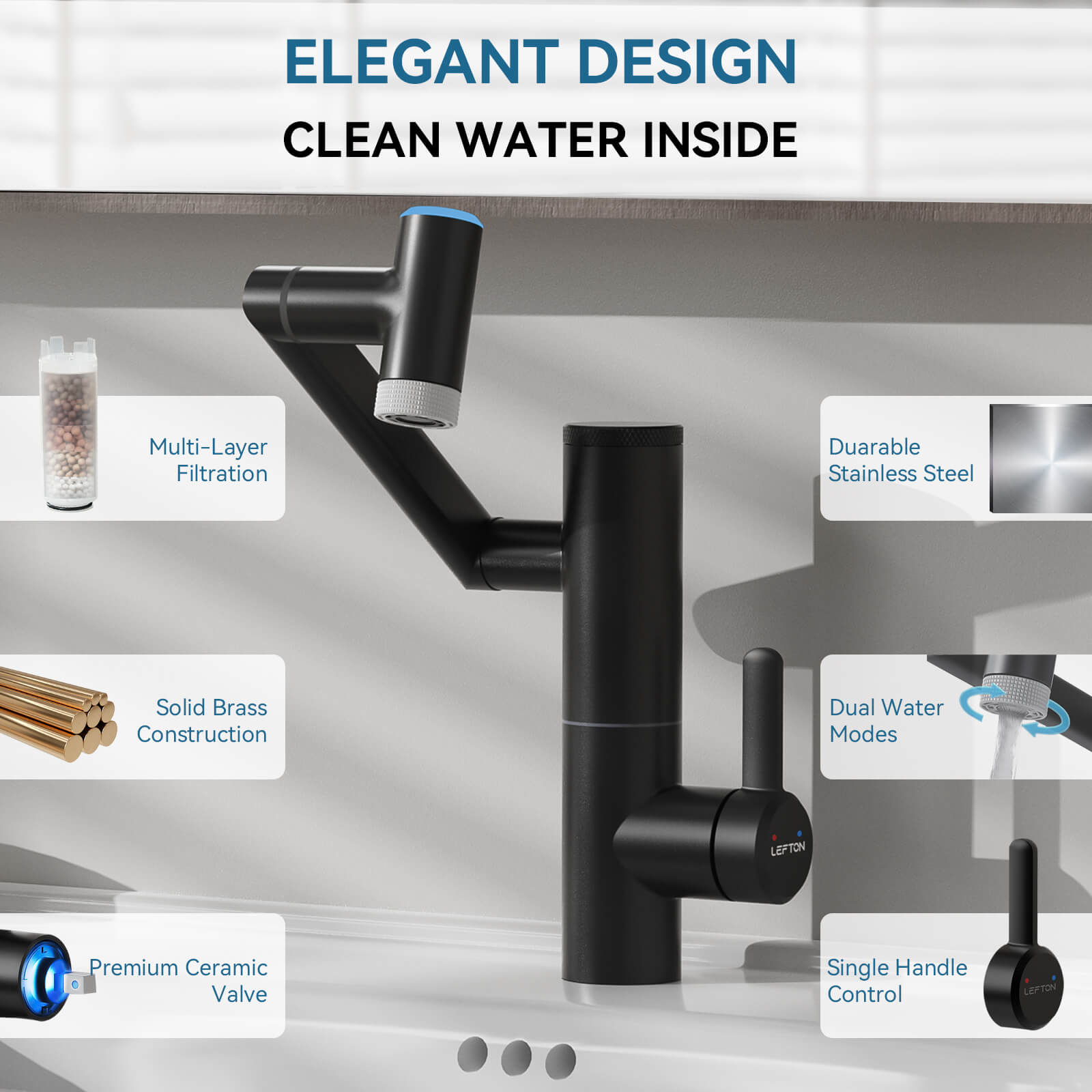 Lefton Single - Hand 1080° Rotating Bathroom Built - in Filter Faucet With Temperature Display - BPF01 - Bathroom Faucets - Lefton Home