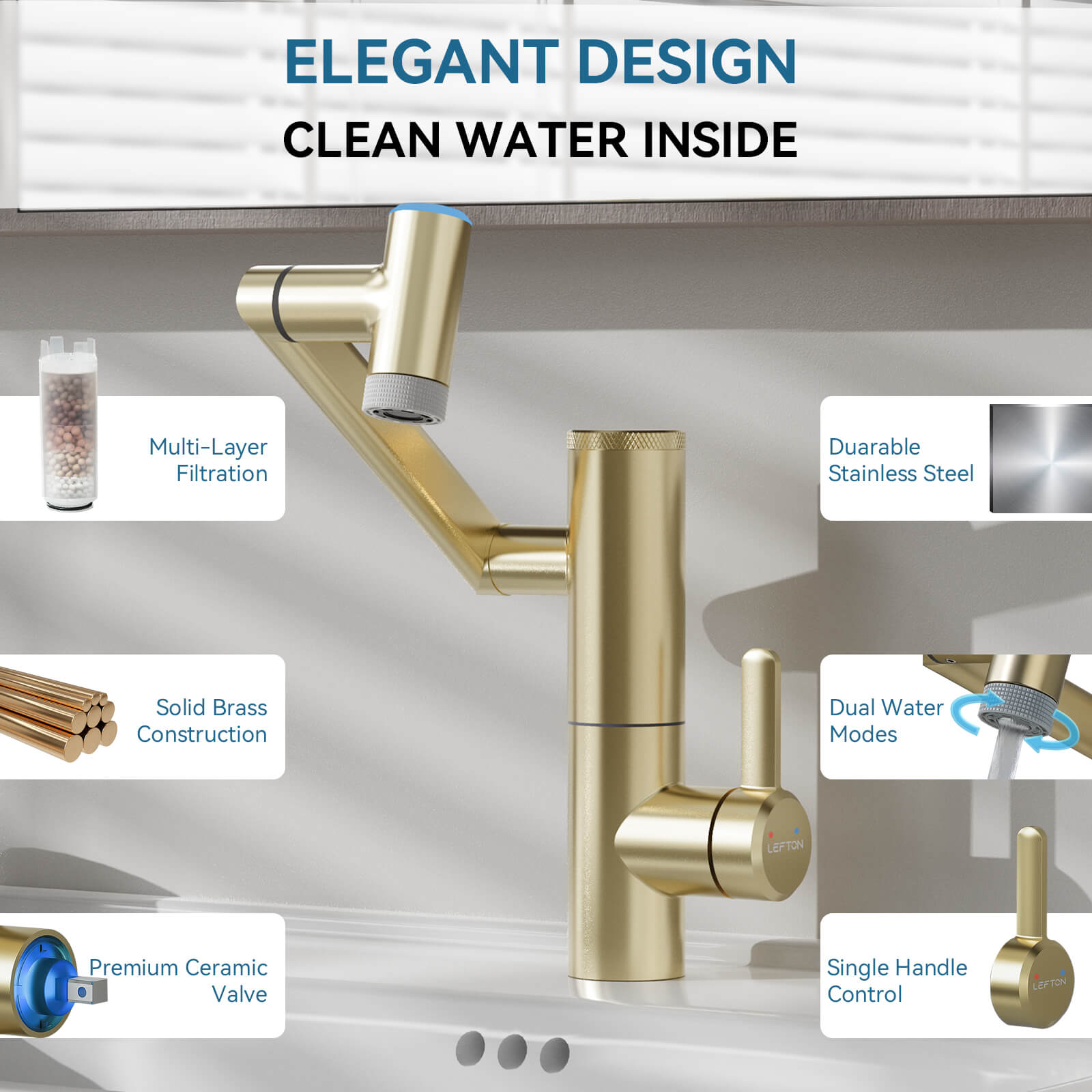 Lefton Single - Hand 1080° Rotating Bathroom Built - in Filter Faucet With Temperature Display - BPF01 - Bathroom Faucets - Lefton Home