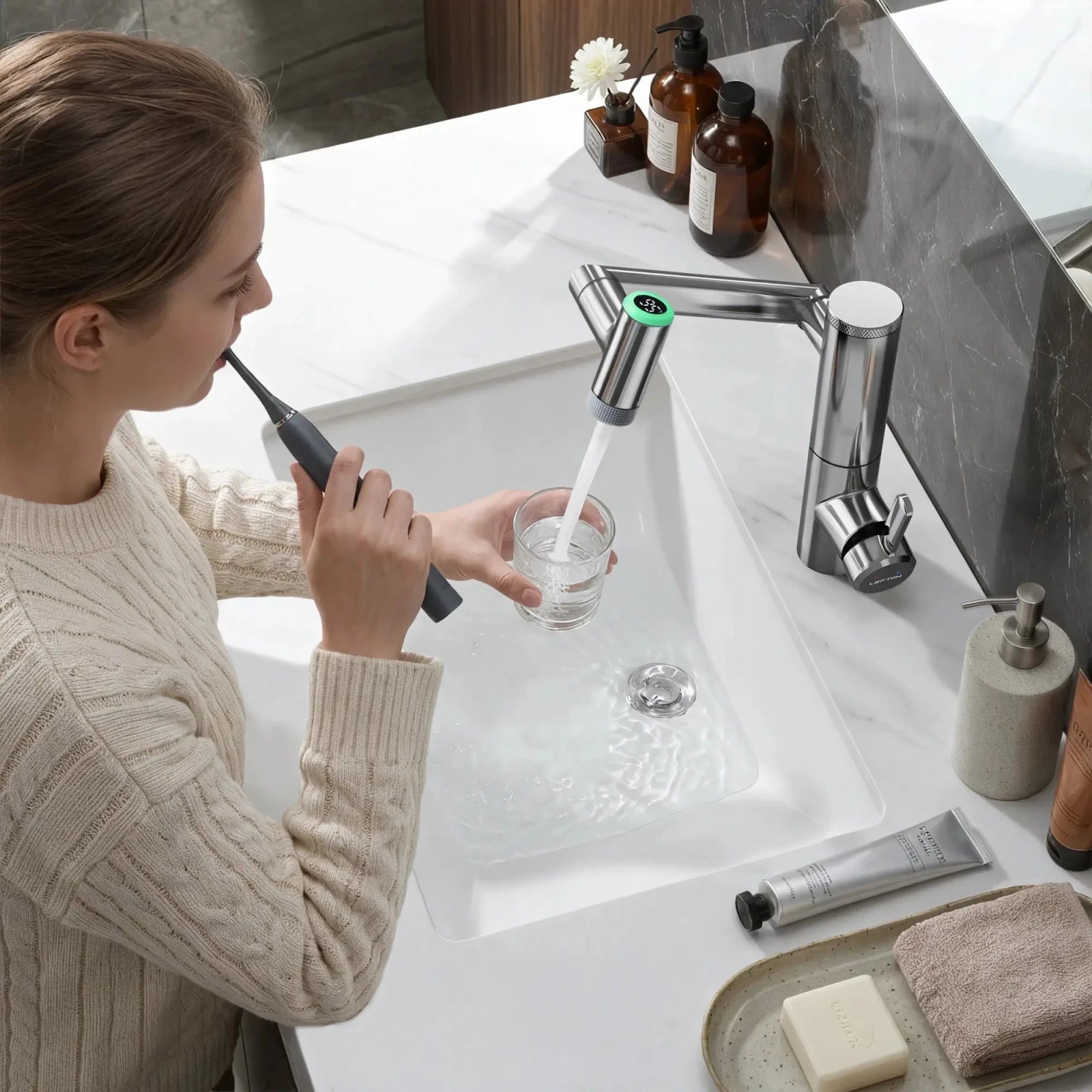 Lefton Single - Handle 1080° Rotating Bathroom Built - in Filter Faucet With Temperature Display - BPF01 - Bathroom Faucets - Lefton Home