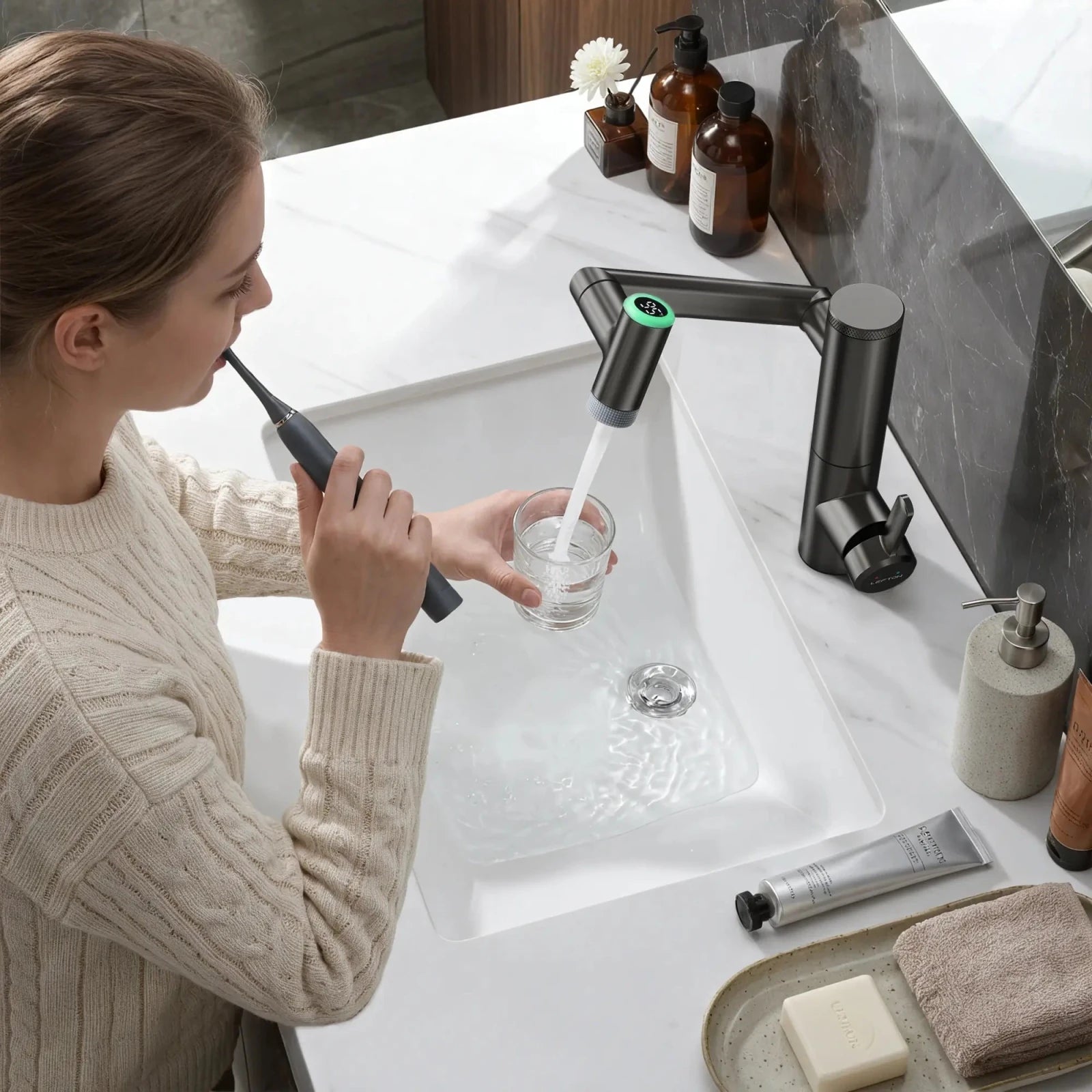 Lefton Single - Handle 1080° Rotating Bathroom Built - in Filter Faucet With Temperature Display - BPF01 - Bathroom Faucets - Lefton Home