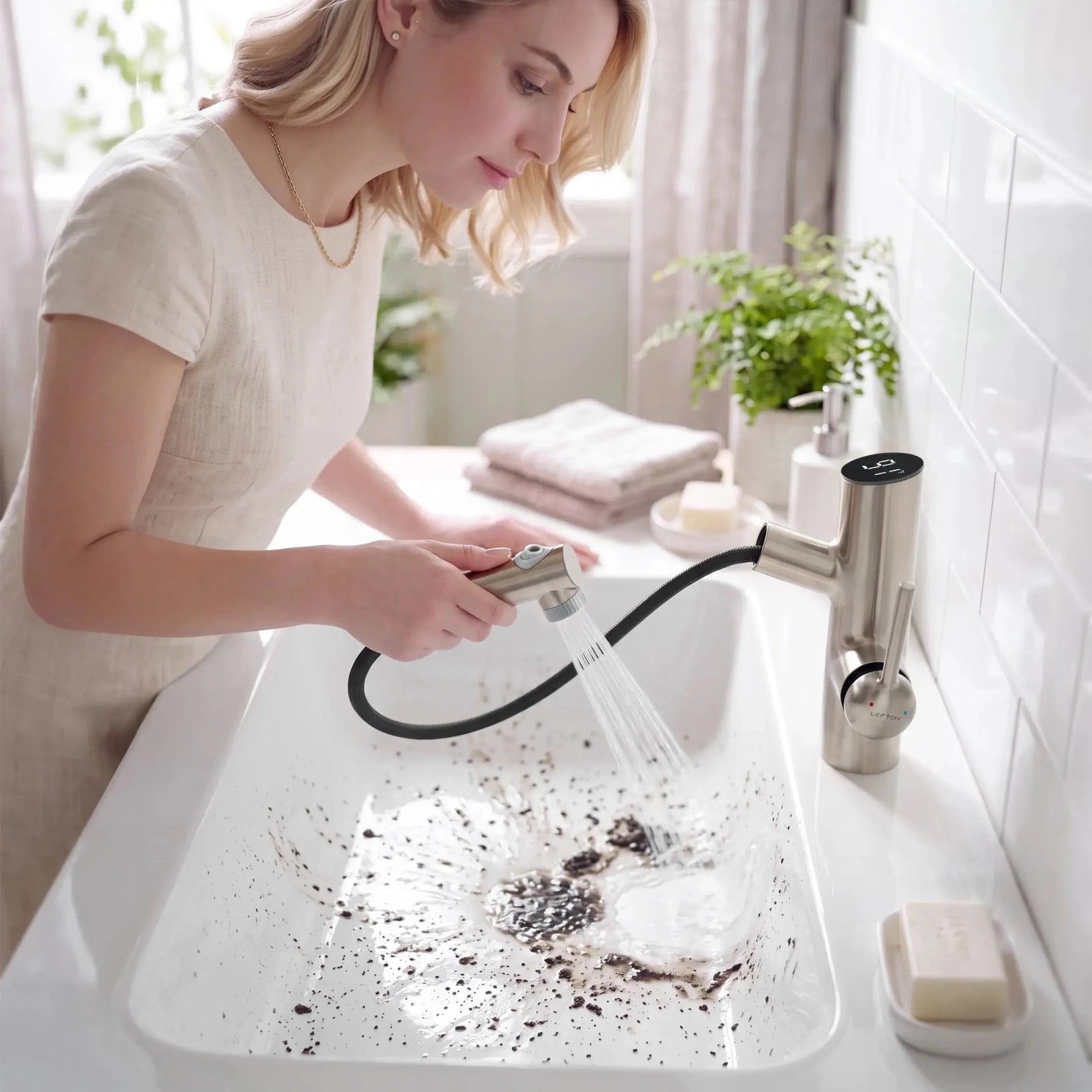 Lefton Single-Handle Bathroom Fountain Faucet With Temperature Display-BF2502 -Bathroom Faucets- Lefton Home