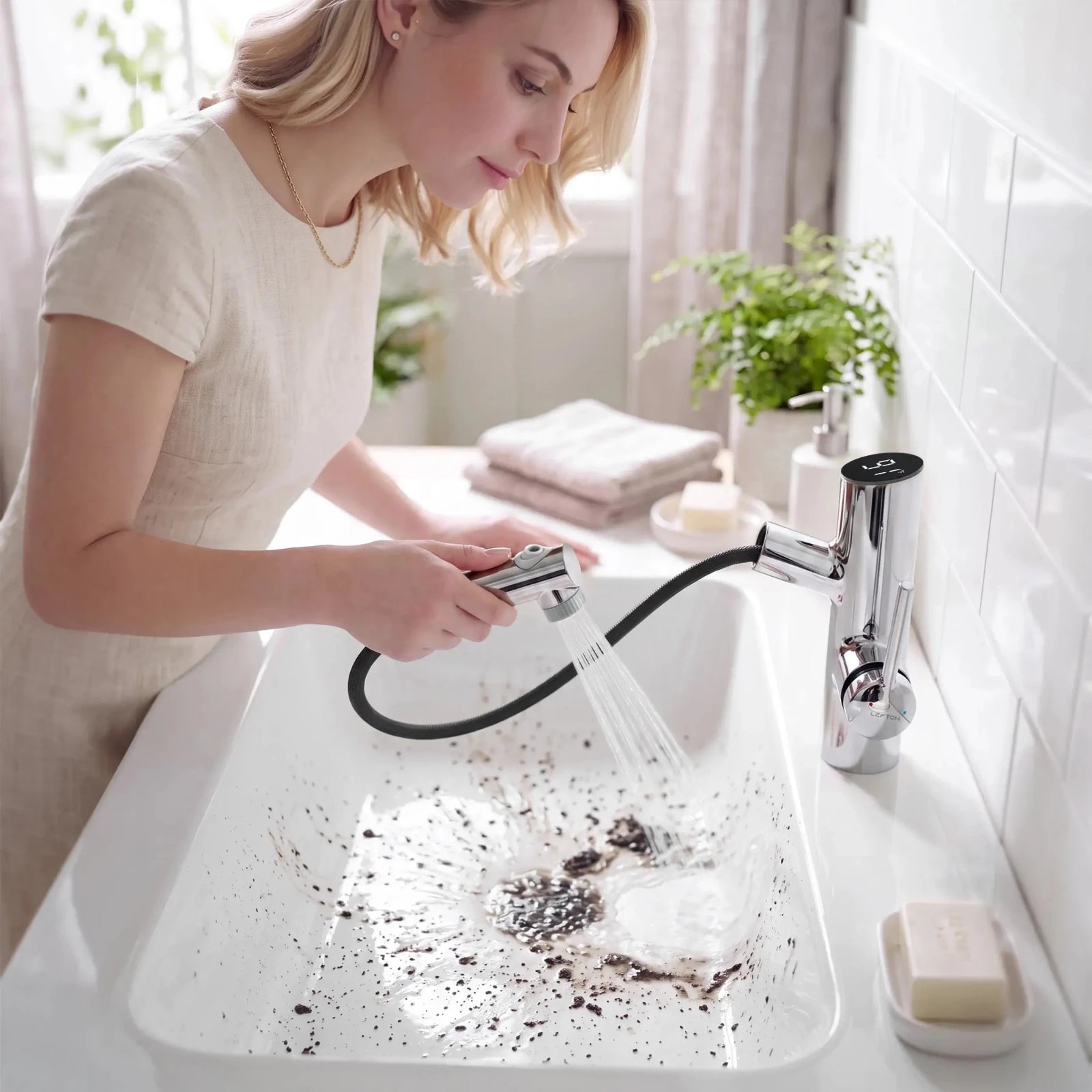 Lefton Single-Handle Bathroom Fountain Faucet With Temperature Display-BF2502 -Bathroom Faucets- Lefton Home