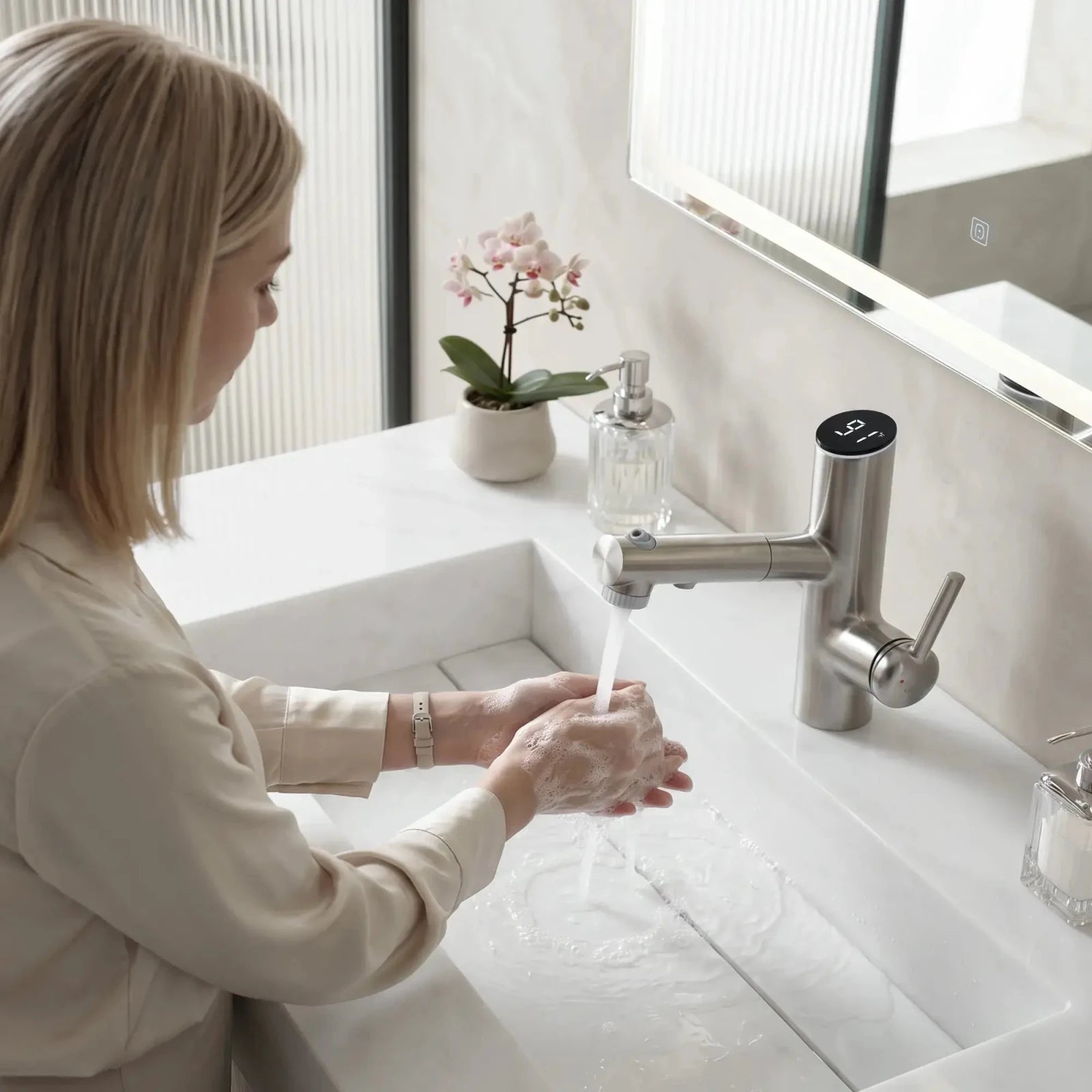 Lefton Single-Handle Bathroom Fountain Faucet With Temperature Display-BF2502 -Bathroom Faucets- Lefton Home