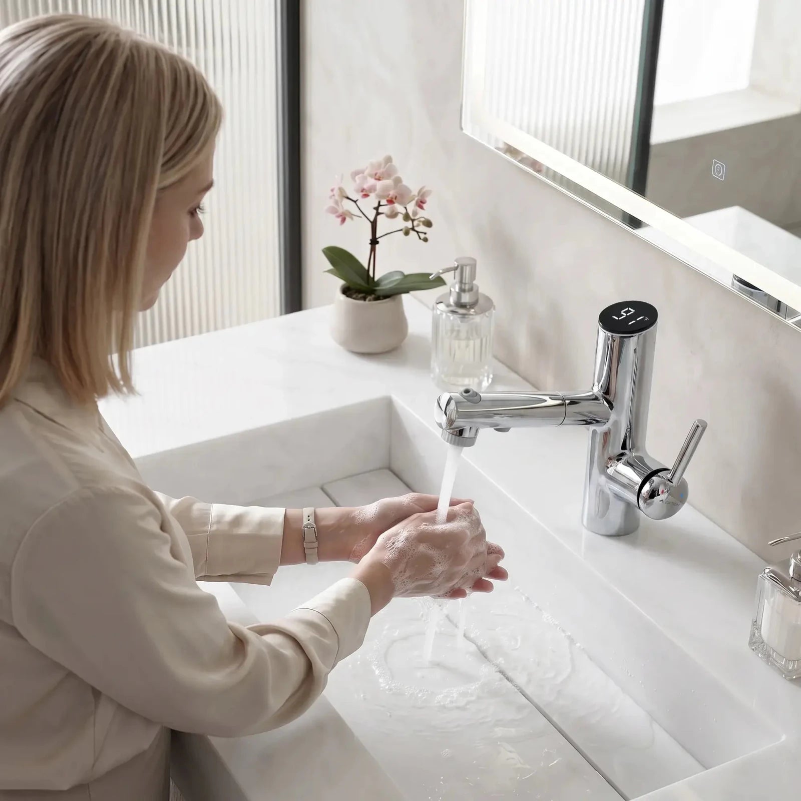 Lefton Single-Handle Bathroom Fountain Faucet With Temperature Display-BF2502 -Bathroom Faucets- Lefton Home