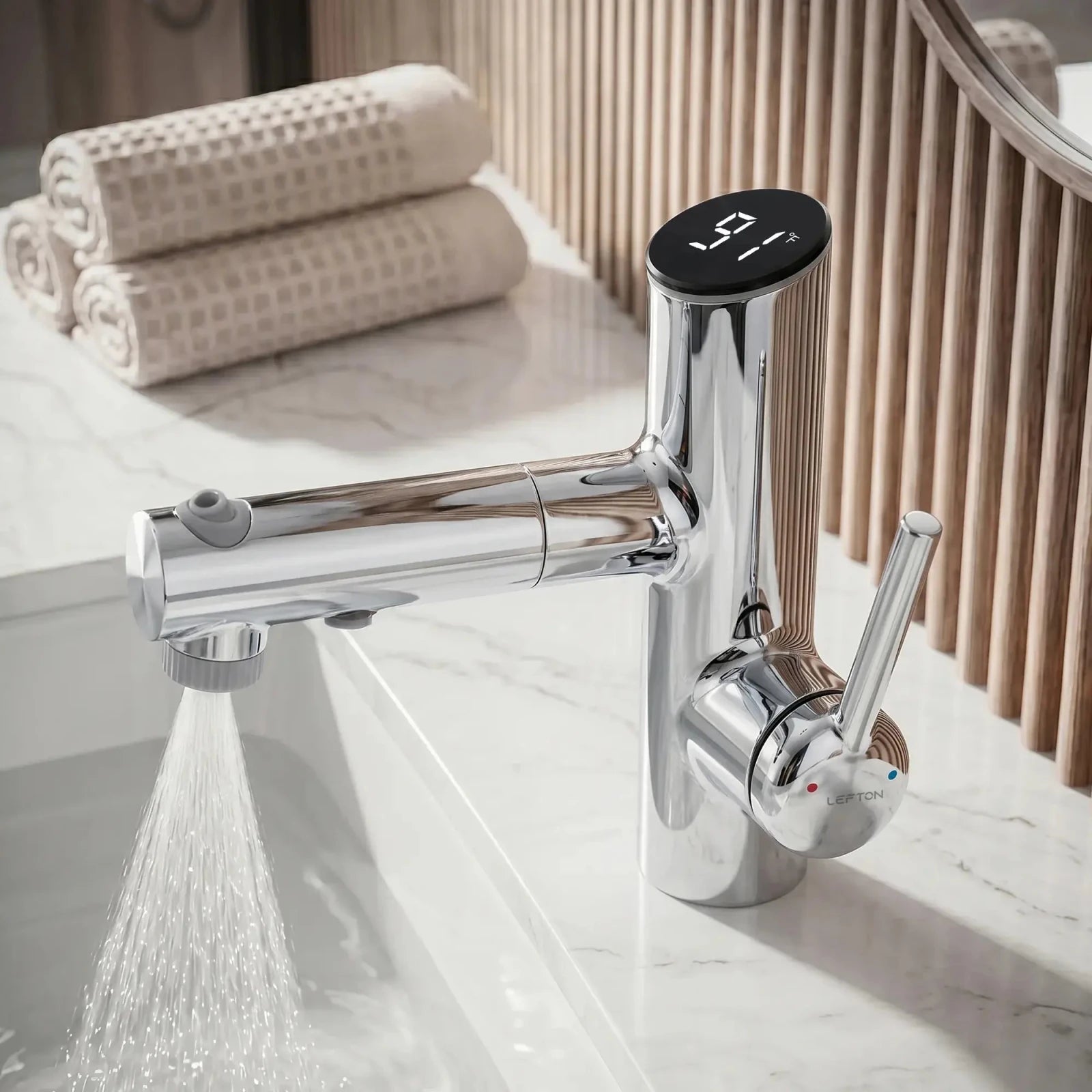 Lefton Single-Handle Bathroom Fountain Faucet With Temperature Display-BF2502 -Bathroom Faucets- Lefton Home