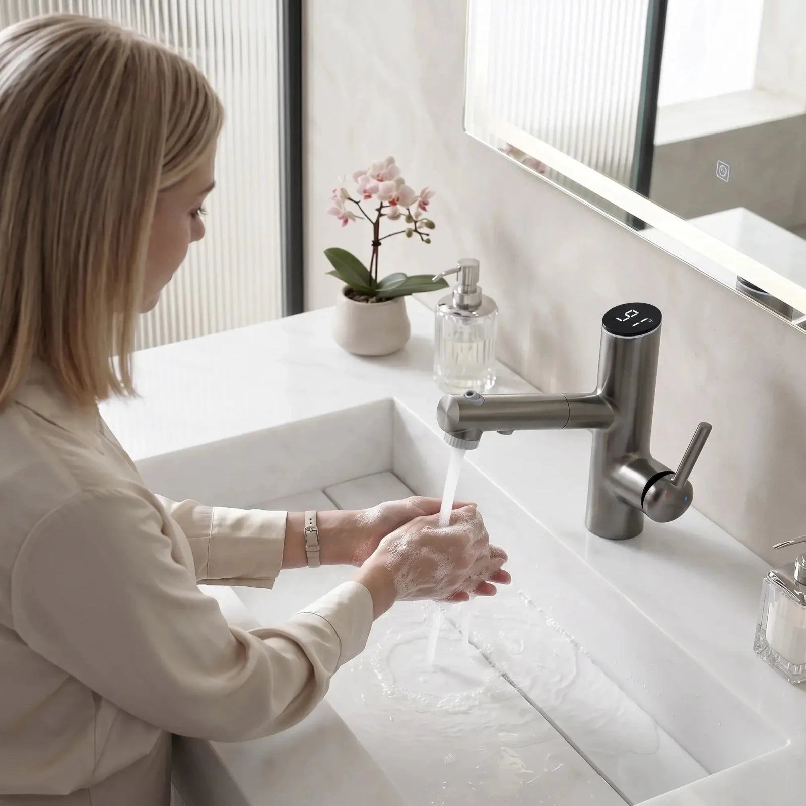Lefton Single-Handle Bathroom Fountain Faucet With Temperature Display-BF2502 -Bathroom Faucets- Lefton Home