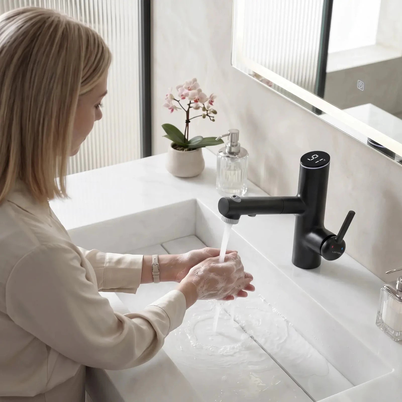 Lefton Single-Handle Bathroom Fountain Faucet With Temperature Display-BF2502 -Bathroom Faucets- Lefton Home