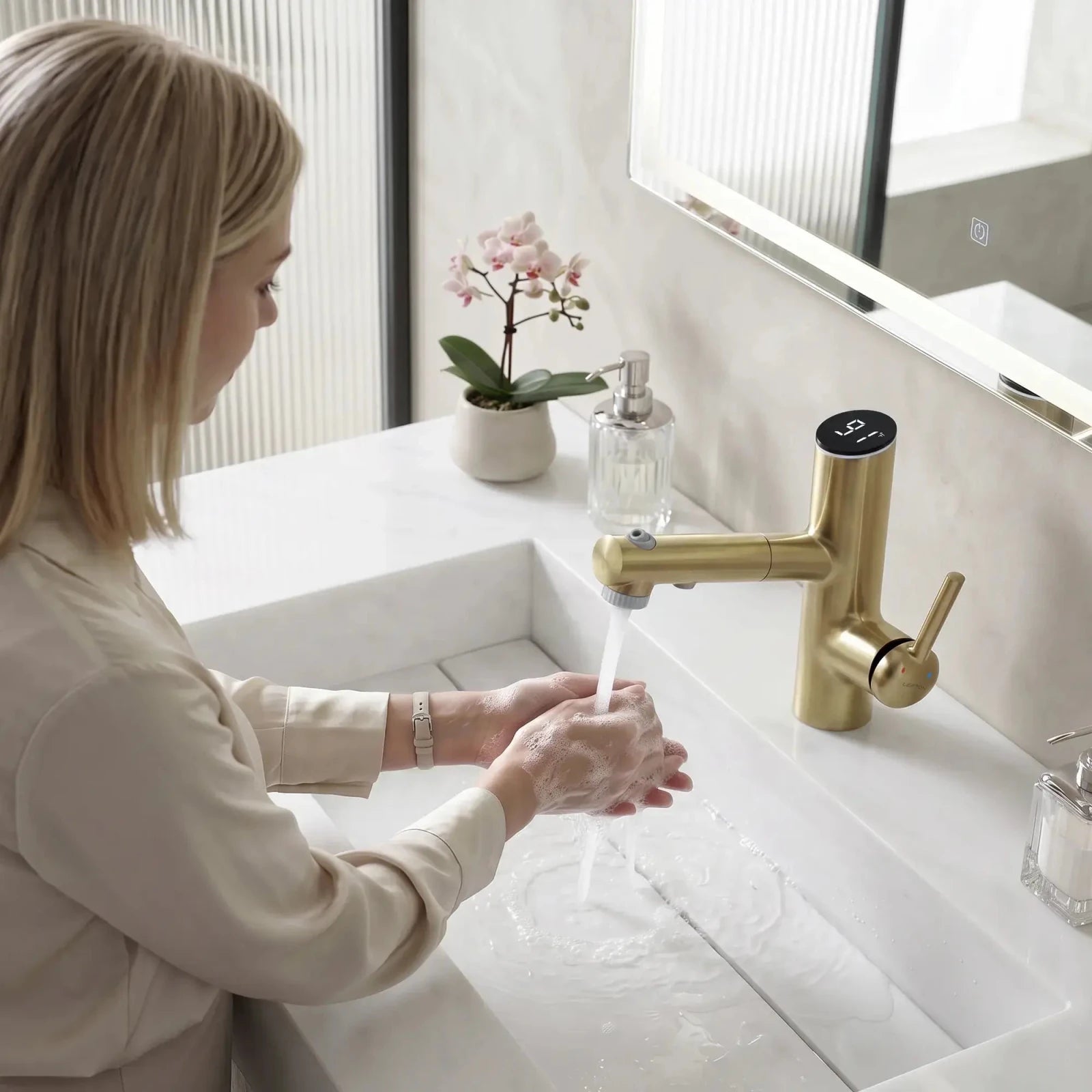 Lefton Single-Handle Bathroom Fountain Faucet With Temperature Display-BF2502 -Bathroom Faucets- Lefton Home