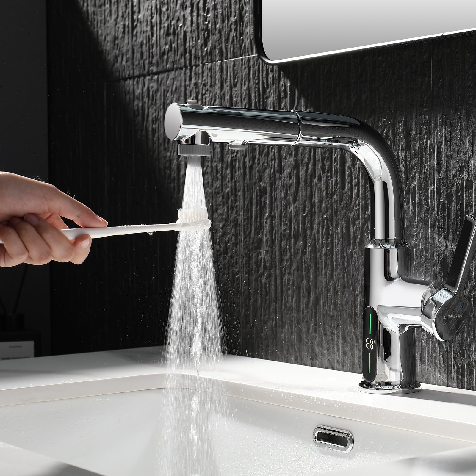 Lefton Single - Hole Liftable Pull - Out Bathroom Faucet With Temperature Display - BF2501 - Bathroom Faucets - Lefton Home