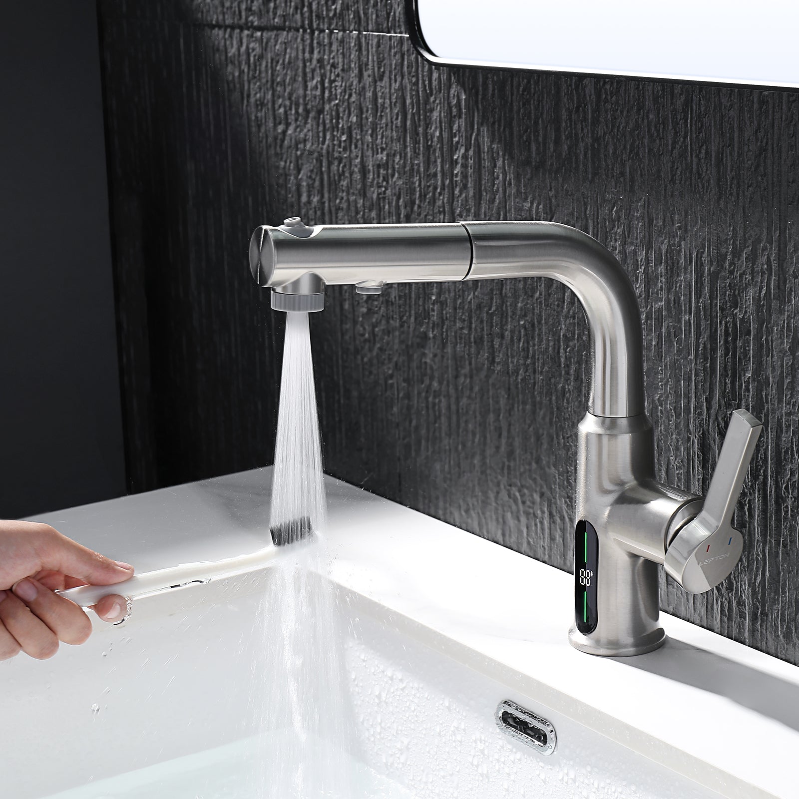 Lefton Single - Hole Liftable Pull - Out Bathroom Faucet With Temperature Display - BF2501 - Bathroom Faucets - Lefton Home