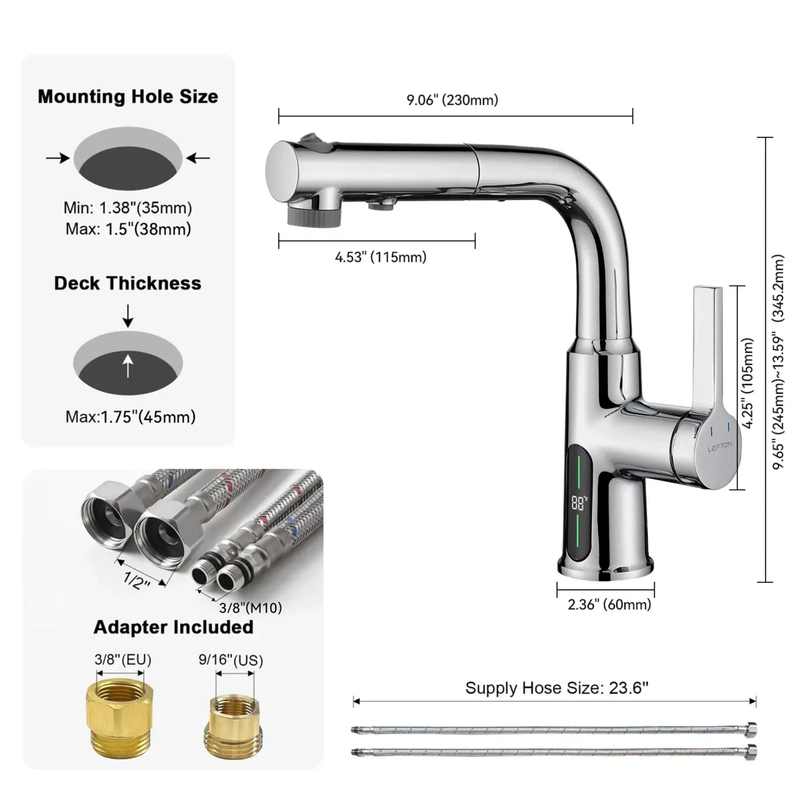Lefton Single-Hole Liftable Pull-Out Bathroom Faucet With Temperature Display-BF2501 -Bathroom Faucets- Lefton Home
