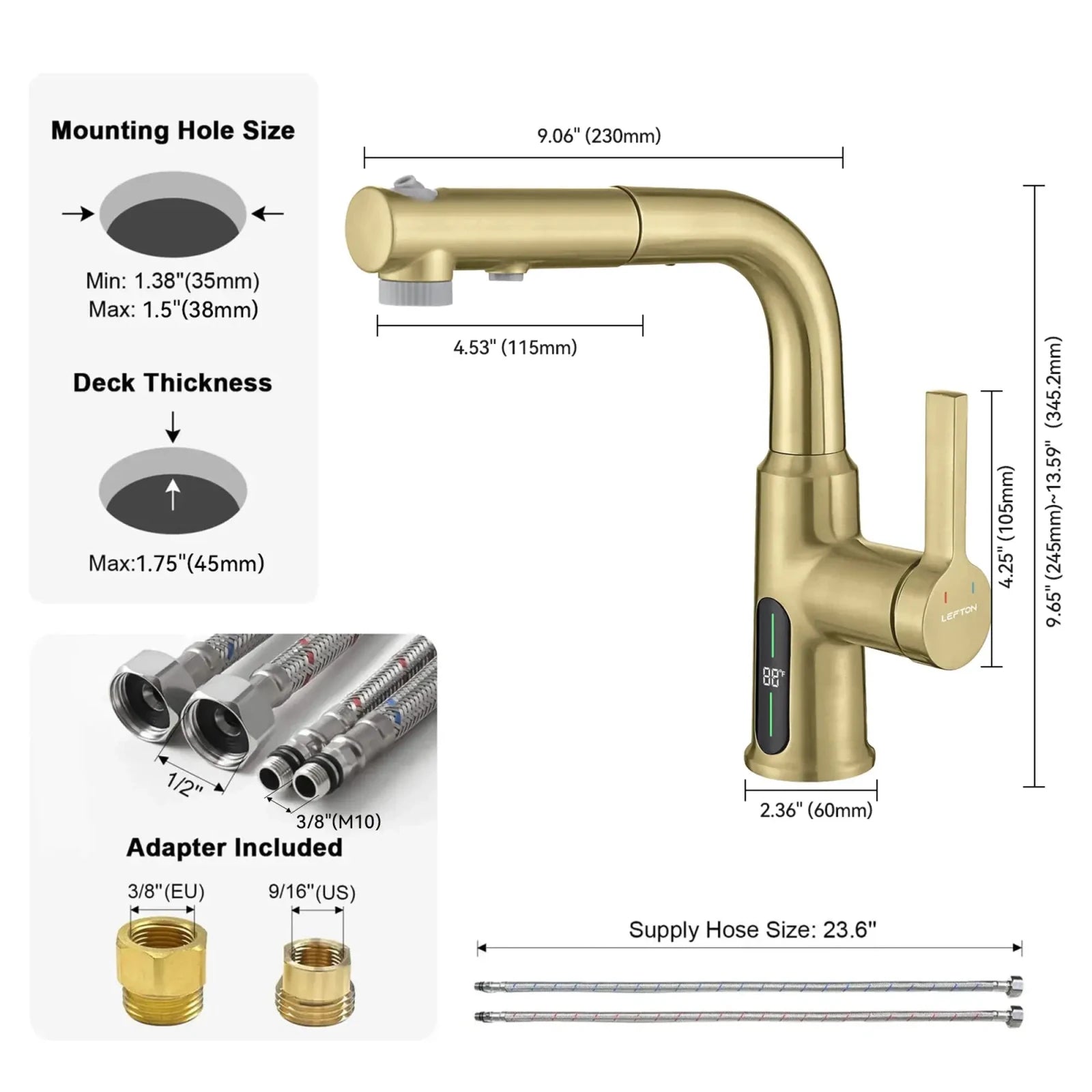 Lefton Single-Hole Liftable Pull-Out Bathroom Faucet With Temperature Display-BF2501 -Bathroom Faucets- Lefton Home