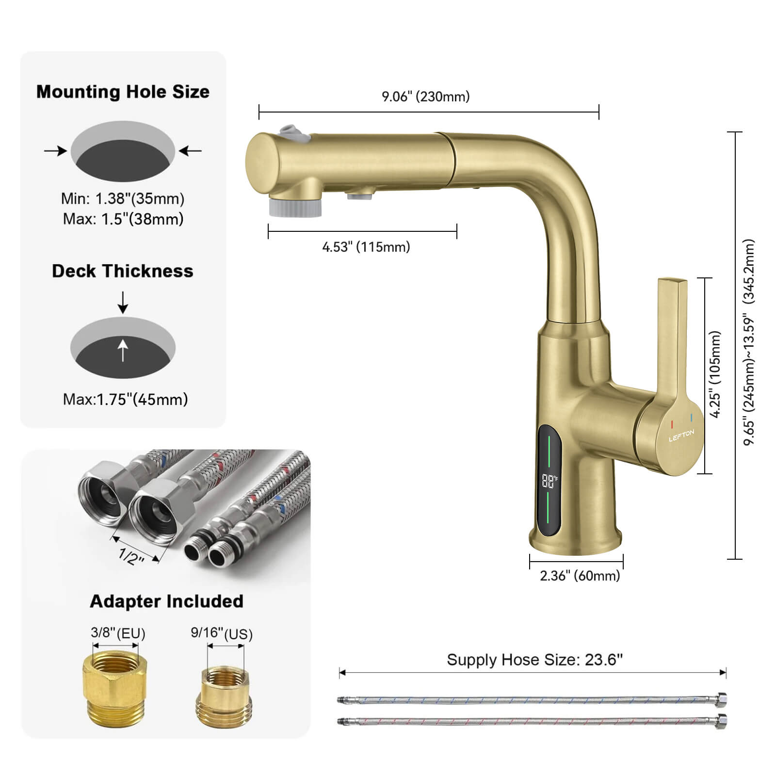 Lefton Single - Hole Liftable Pull - Out Bathroom Faucet With Temperature Display - BF2501 - Bathroom Faucets - Lefton Home