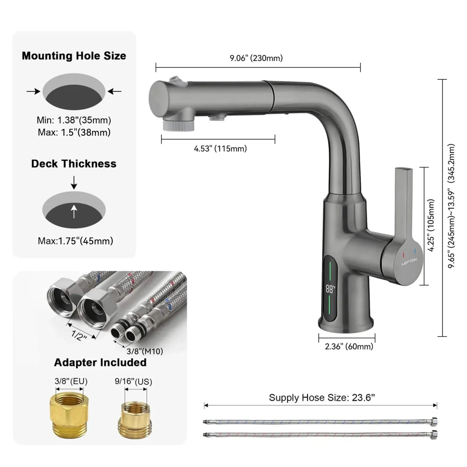 Lefton Single-Hole Liftable Pull-Out Bathroom Faucet With Temperature Display-BF2501 -Bathroom Faucets- Lefton Home