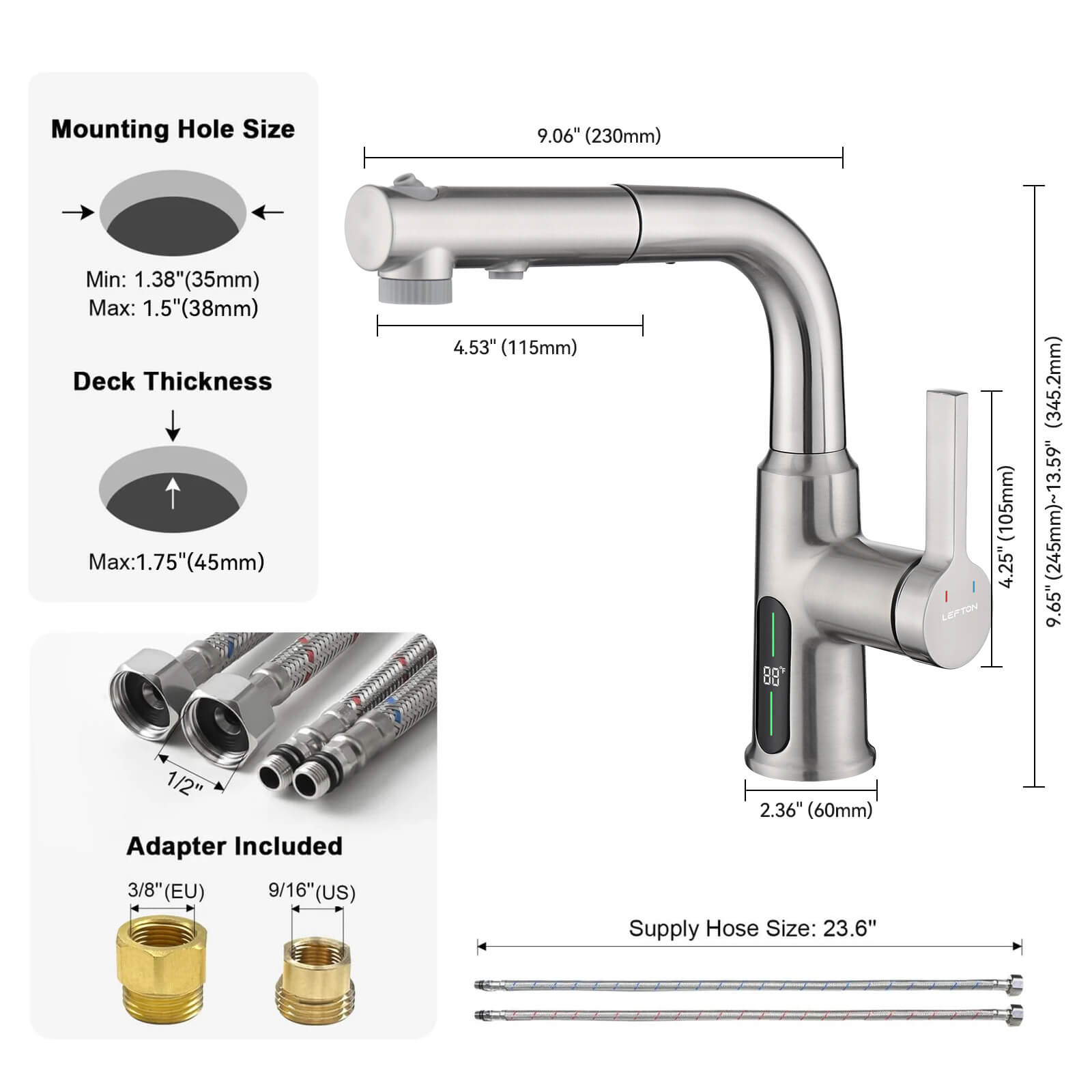 Lefton Single - Hole Liftable Pull - Out Bathroom Faucet With Temperature Display - BF2501 - Bathroom Faucets - Lefton Home