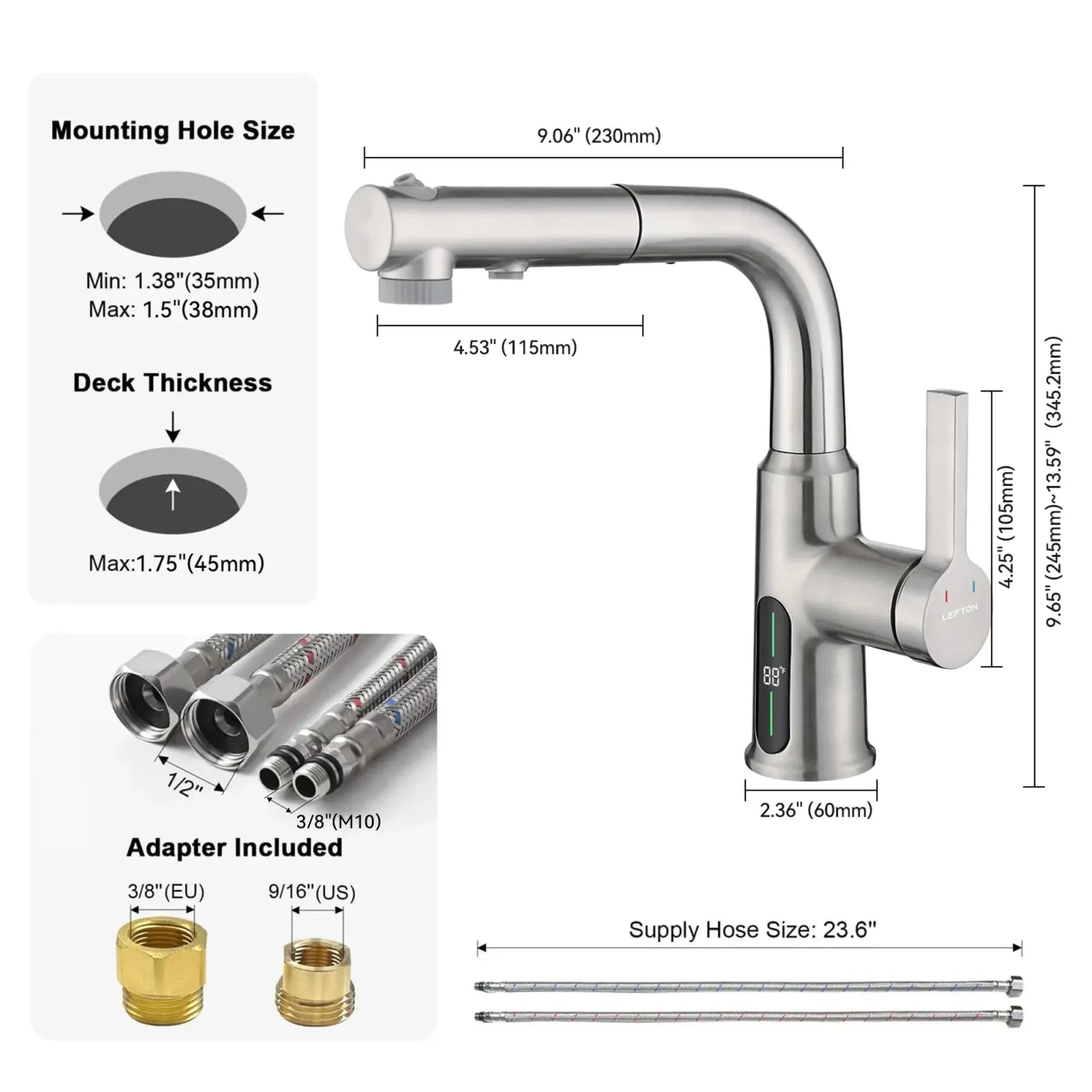 Lefton Single-Hole Liftable Pull-Out Bathroom Faucet With Temperature Display-BF2501 -Bathroom Faucets- Lefton Home