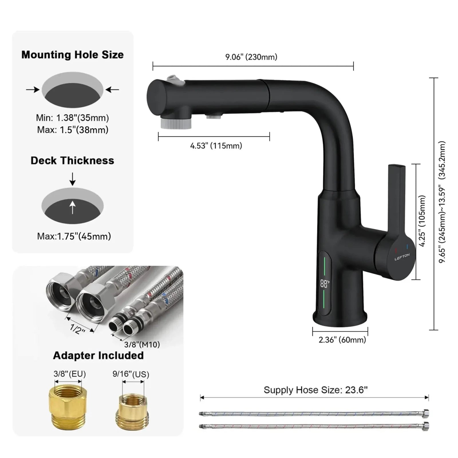 Lefton Single-Hole Liftable Pull-Out Bathroom Faucet With Temperature Display-BF2501 -Bathroom Faucets- Lefton Home