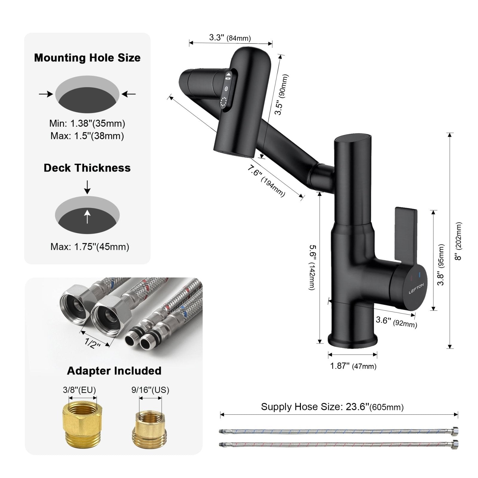 Lefton Single - Hole Rotatable Faucet with Temperature Display - BF2204 with Pop - up Bathroom Sink Drain Stopper Without Overflow - D01 - Bathroom Faucets & Drain Stopper - Lefton Home